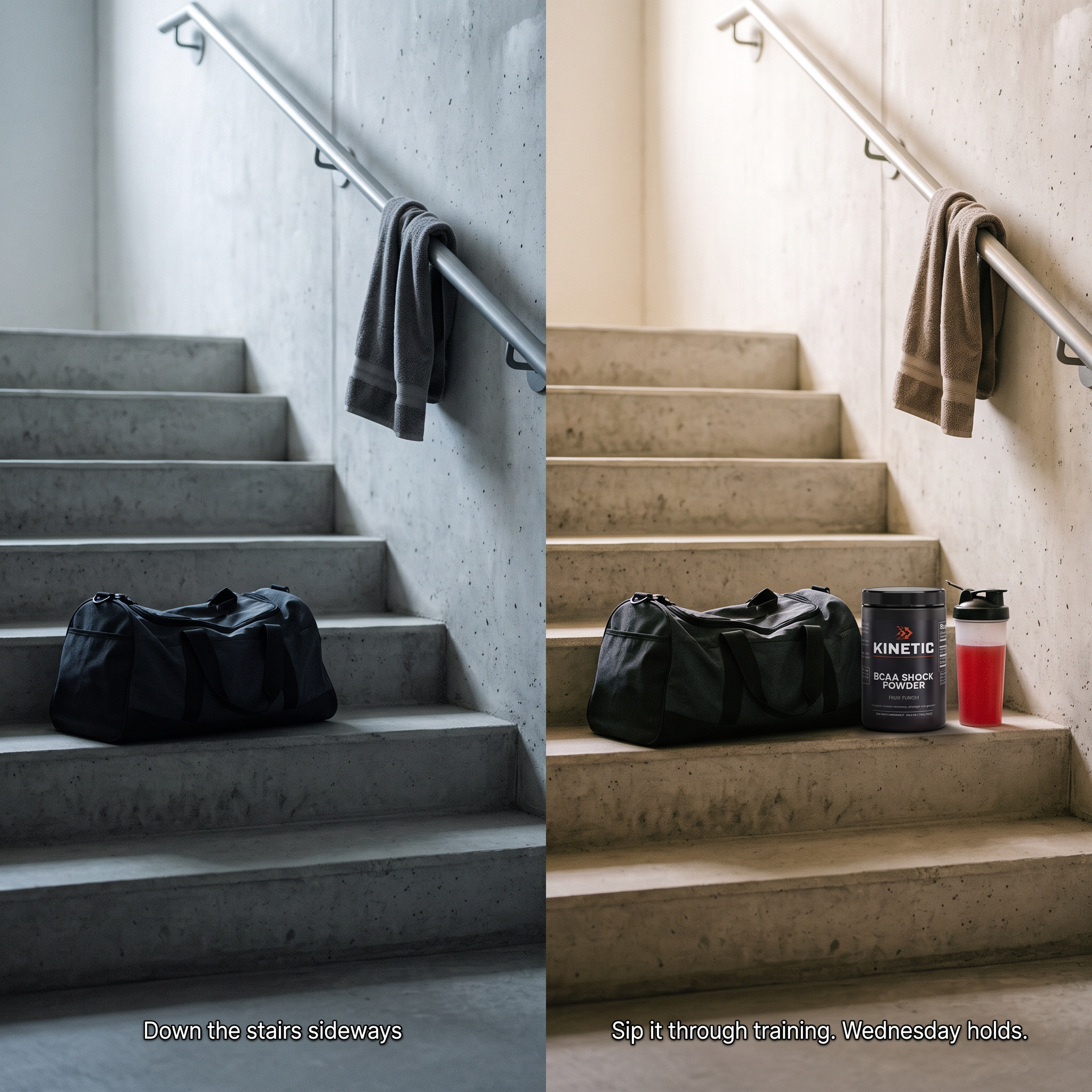 Down the stairs sideways. Sip it through training. Wednesday holds.