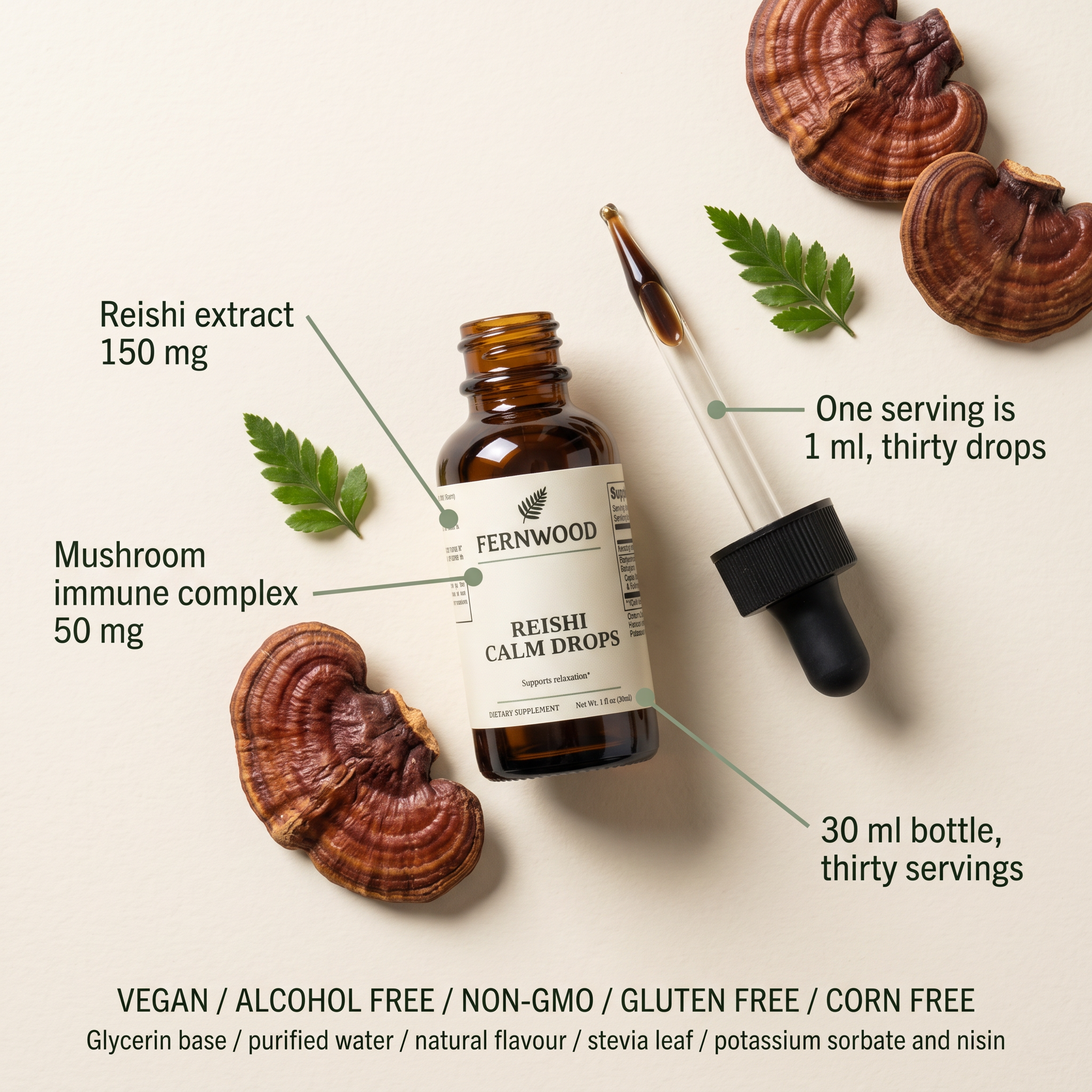 FERNWOOD Reishi Calm Drops label flat lay: reishi extract 150 mg, mushroom immune complex 50 mg, 1 ml serving, 30 servings.