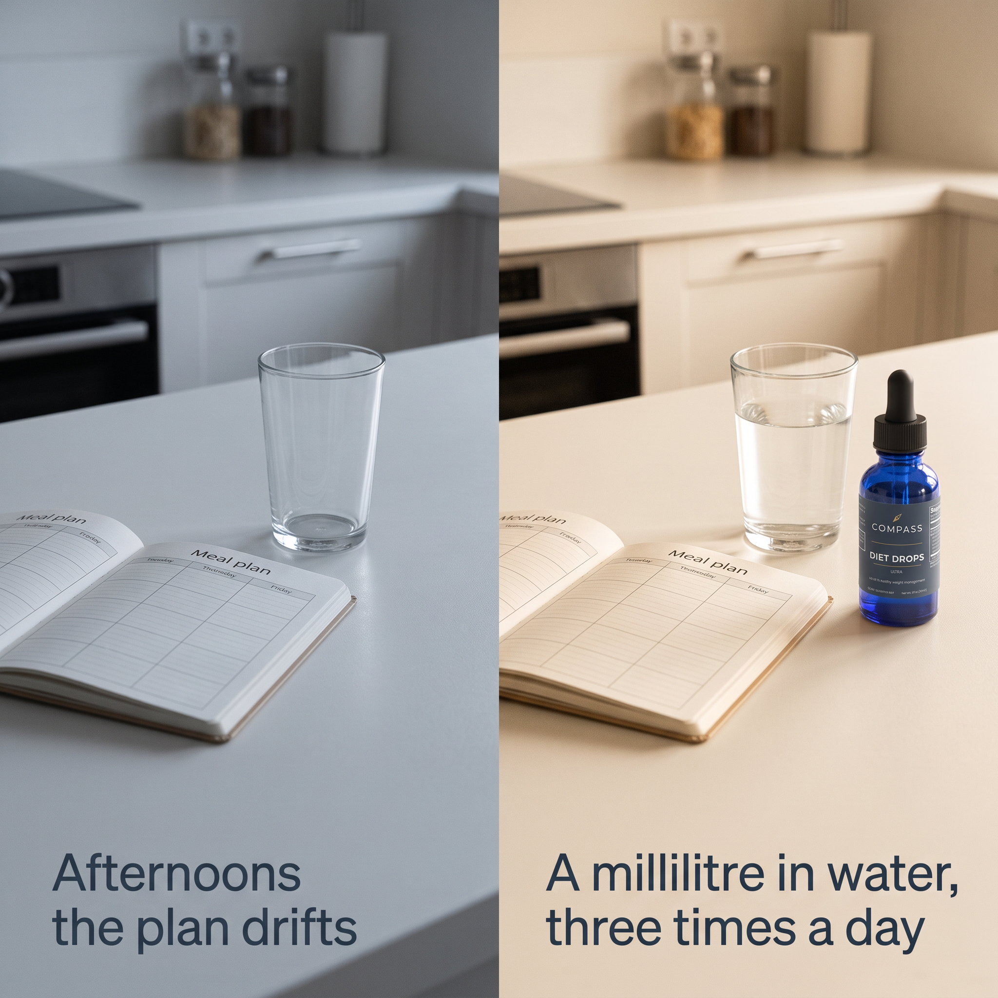Afternoons the plan drifts. A millilitre in water, three times a day
