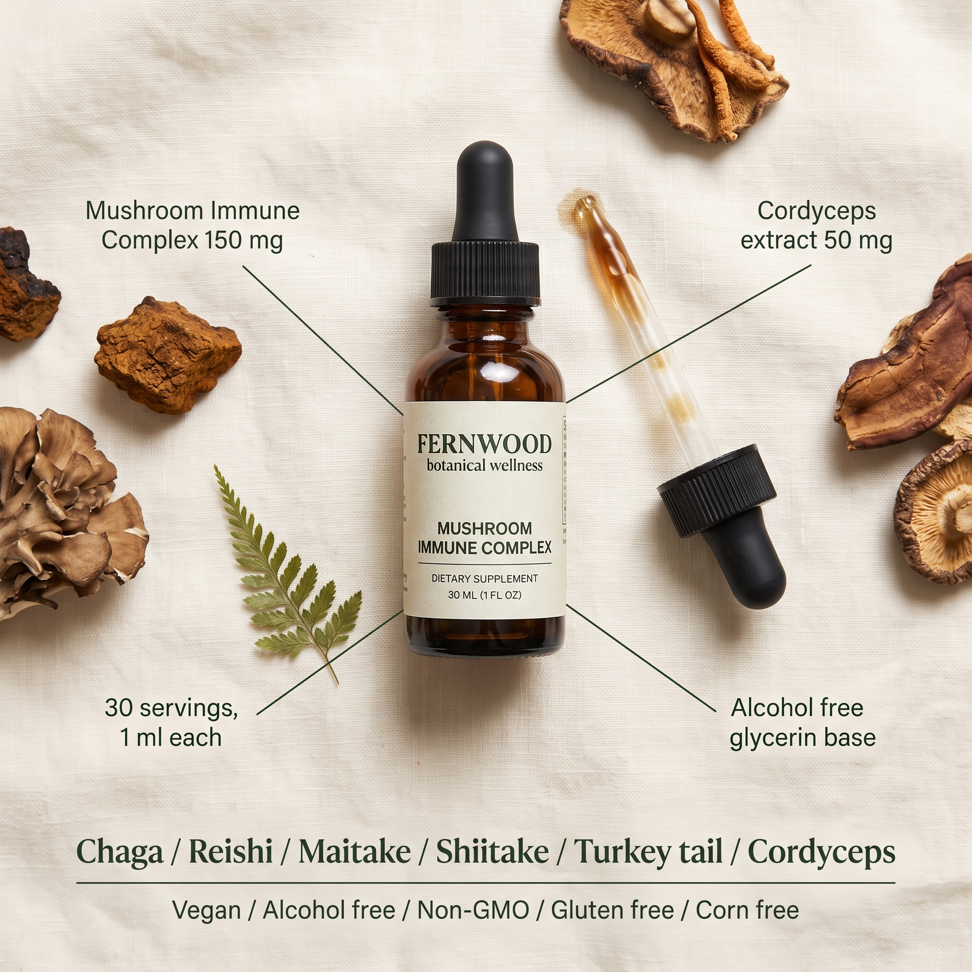 Read the whole label in ten seconds: 150 mg mushroom immune complex, 50 mg cordyceps, 30 servings, alcohol free glycerin base.