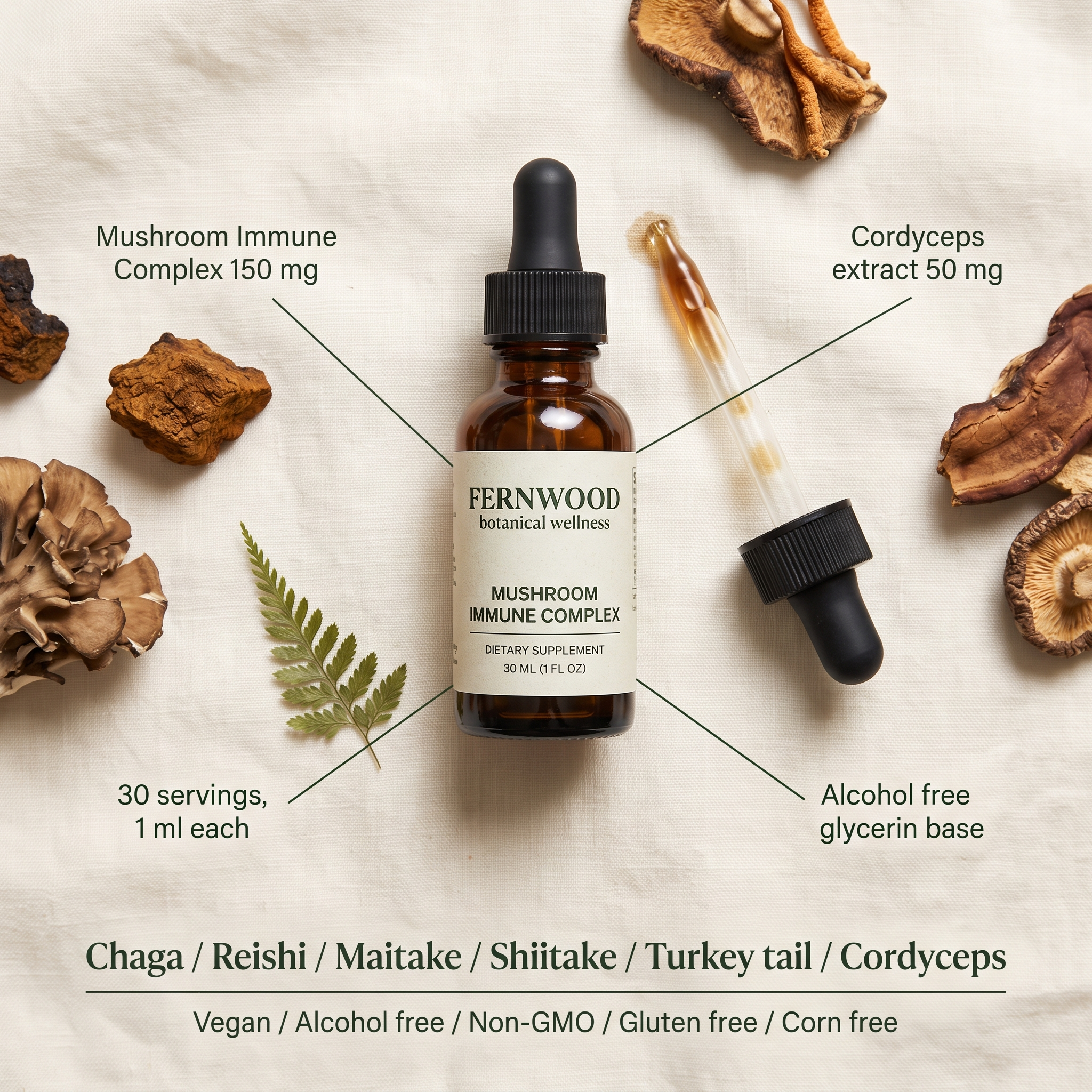 Read the whole label in ten seconds: 150 mg mushroom immune complex, 50 mg cordyceps, 30 servings, alcohol free glycerin base.
