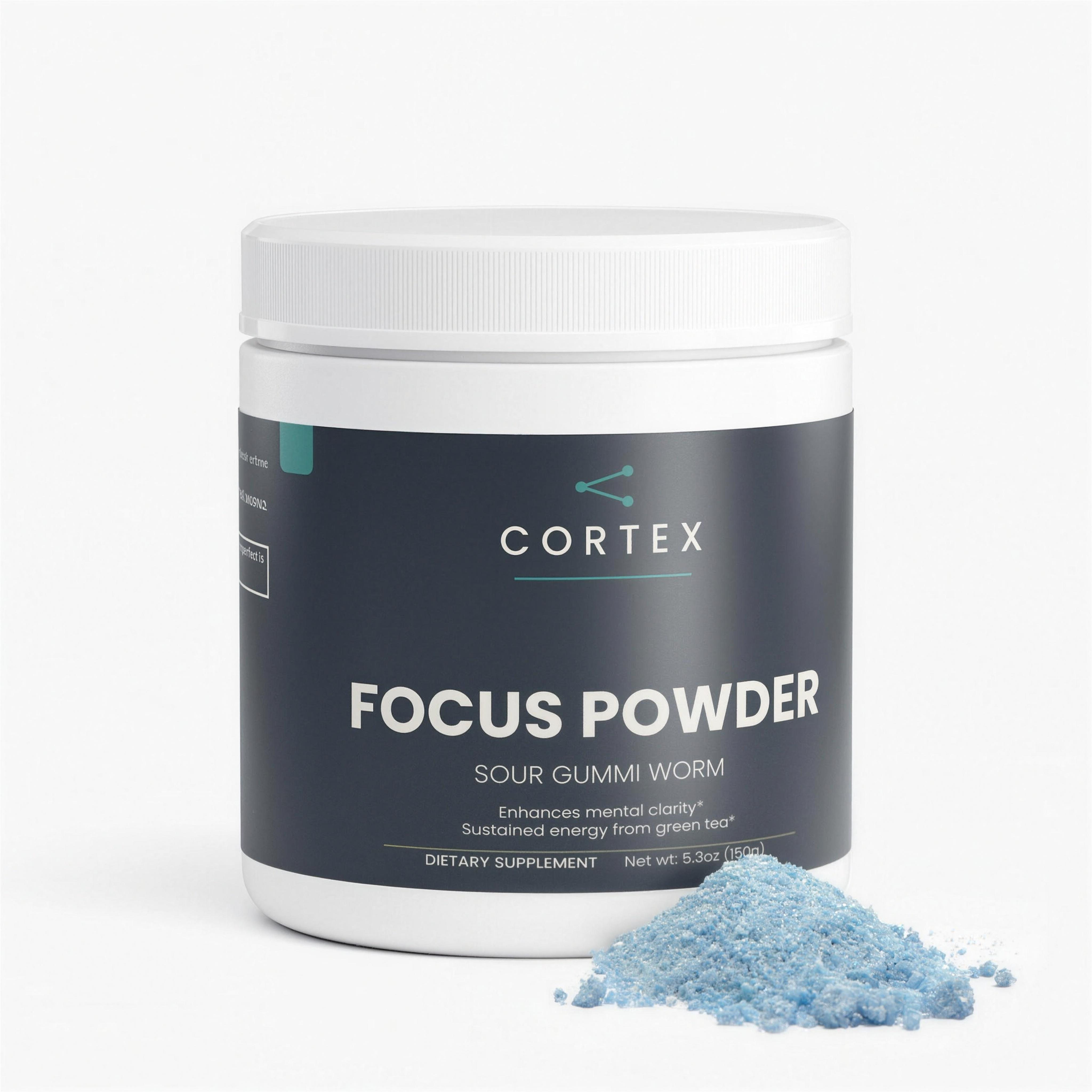 CORTEX Focus Powder Sour Gummi Worm tub, front — hero v1 (4K upscale)