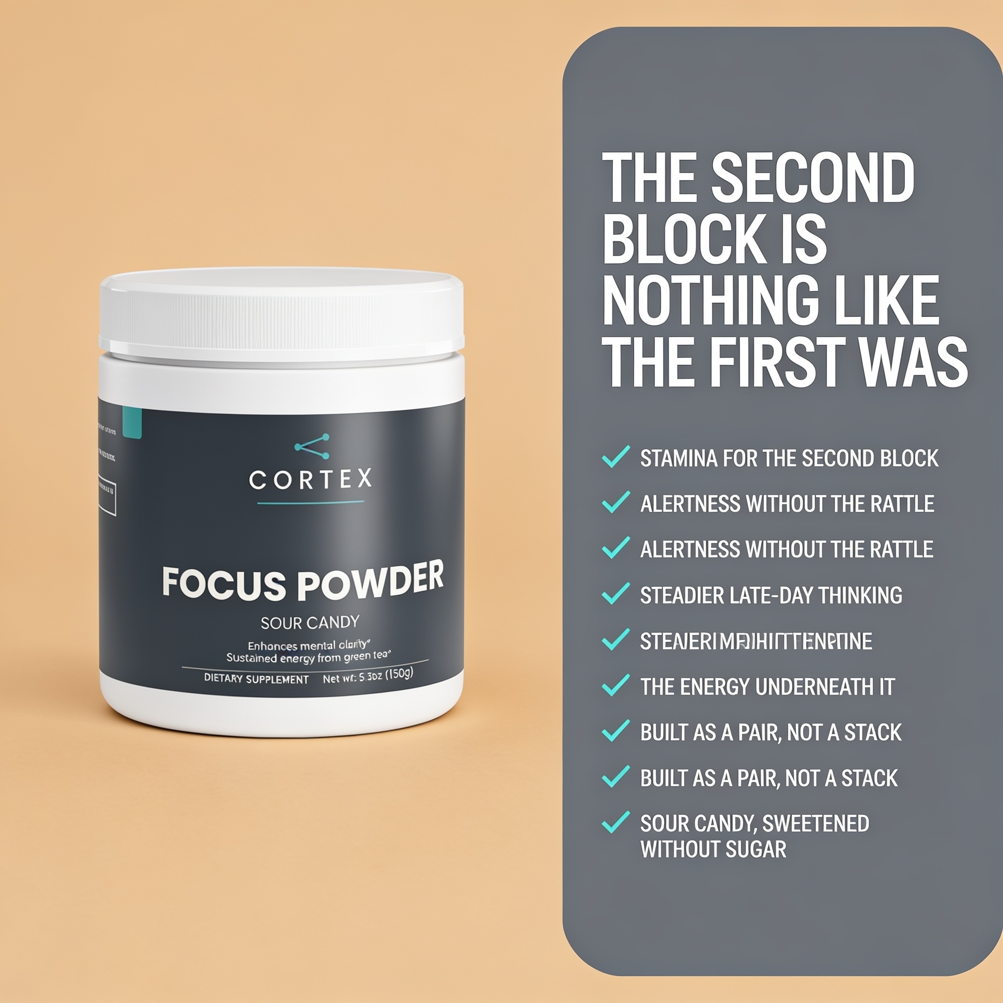 Six benefits of CORTEX Focus Powder Sour Candy, listed beside the tub - v1
