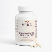 VERA Probiotic 20 Billion bottle, front label, 13 probiotic strains, 30 vegan capsules - hero 4K v1