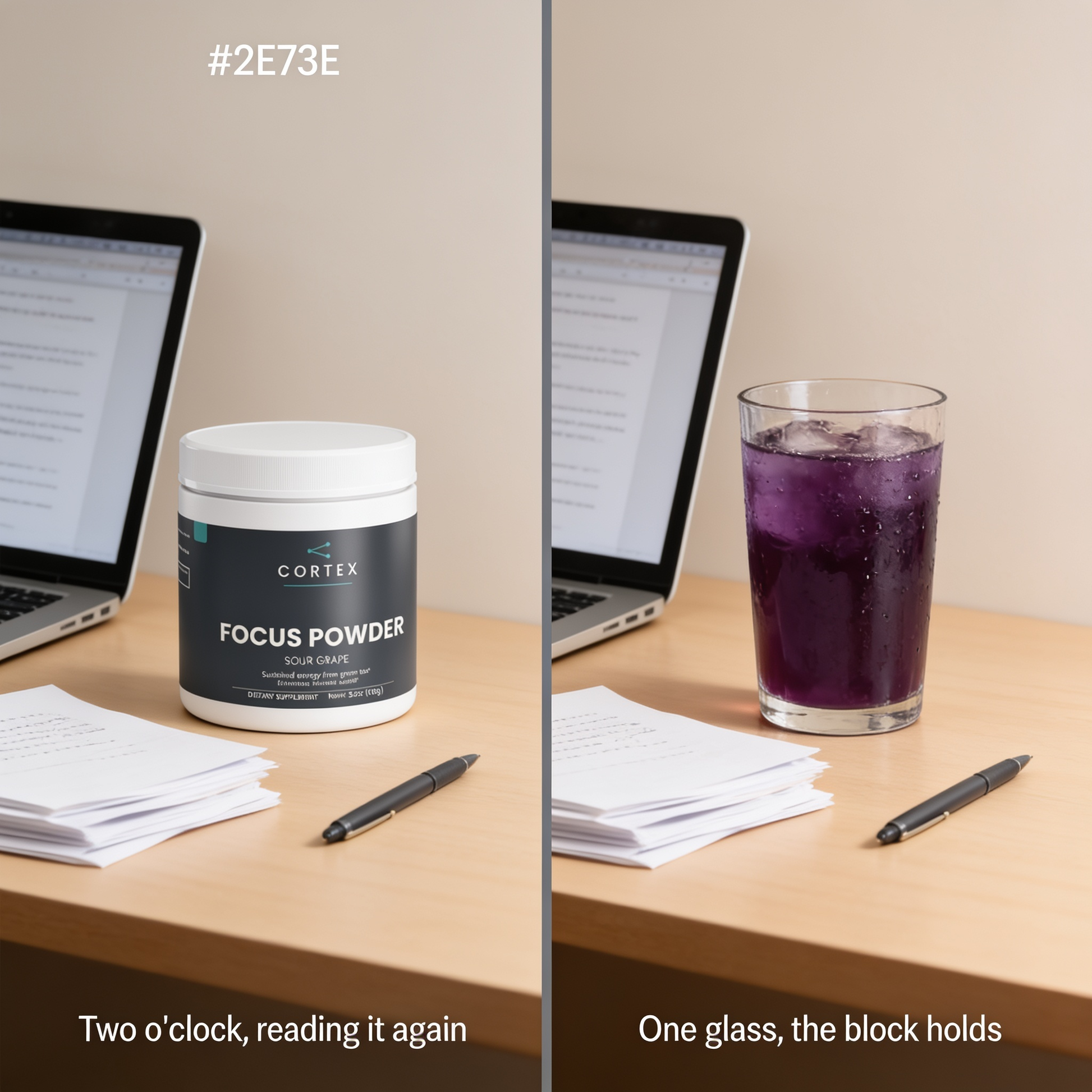 The same desk at two o'clock, without and with a glass of CORTEX Focus Powder - v1