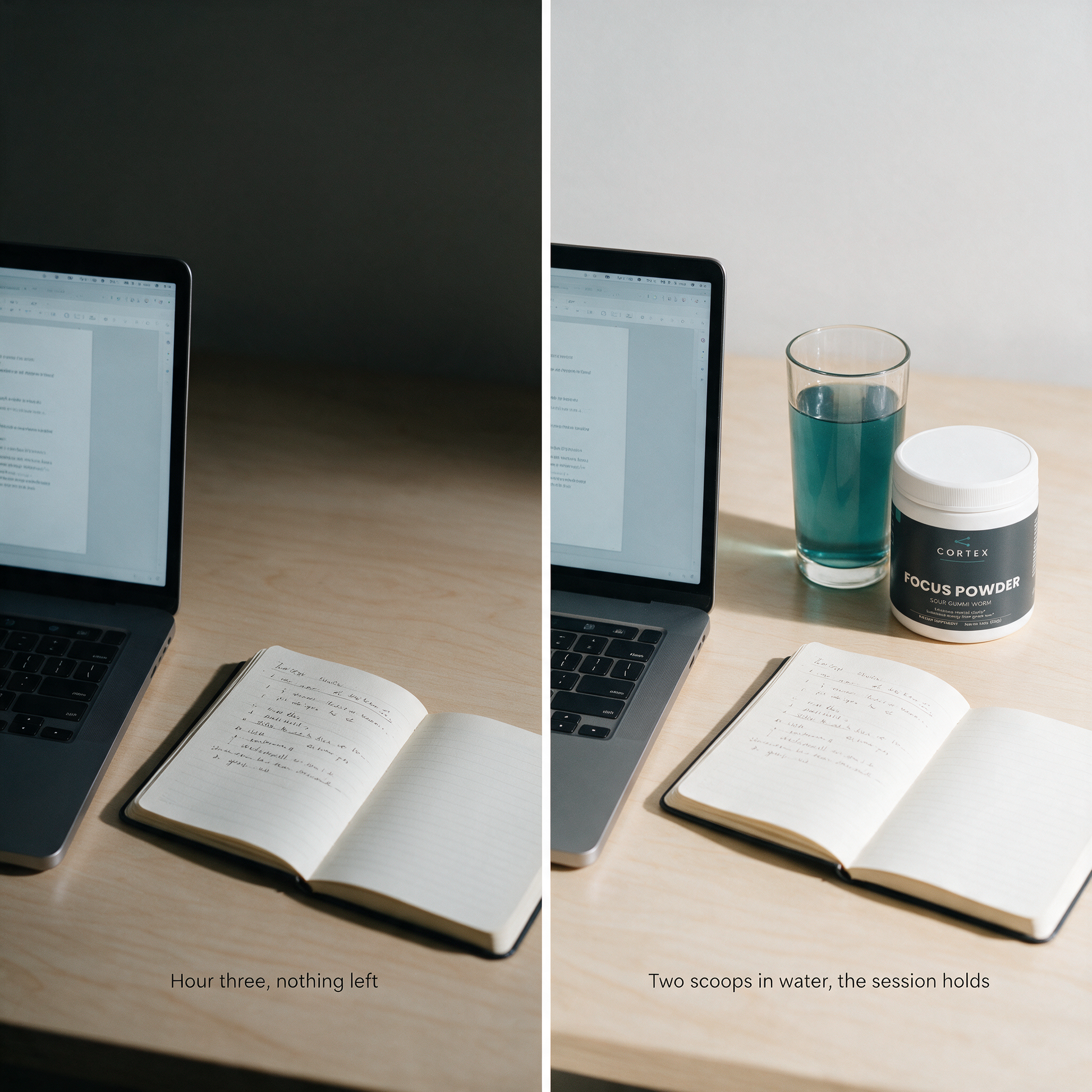 Hour three at the desk, and the same desk with CORTEX Focus Powder mixed — split v1
