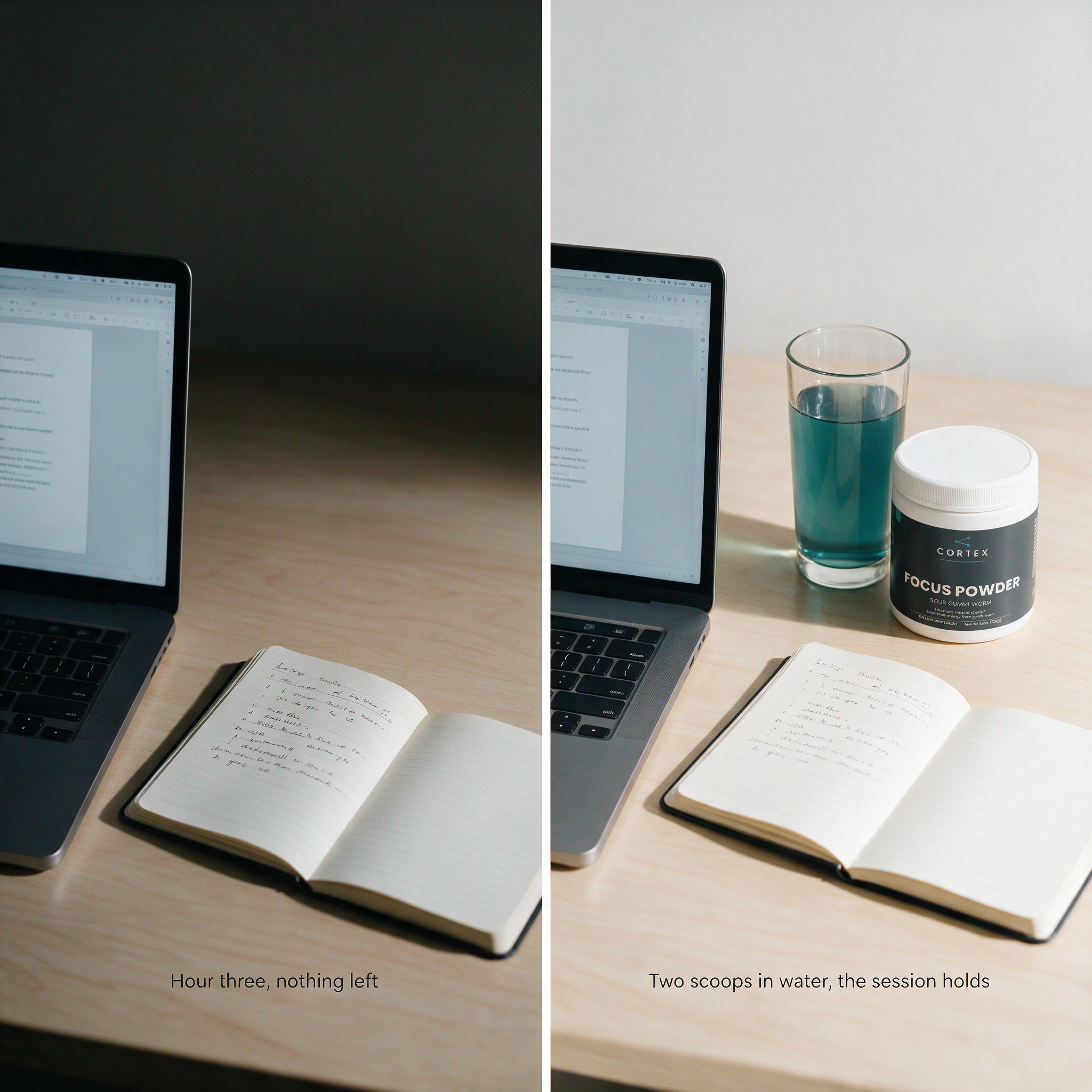 Hour three at the desk, and the same desk with CORTEX Focus Powder mixed — split v1