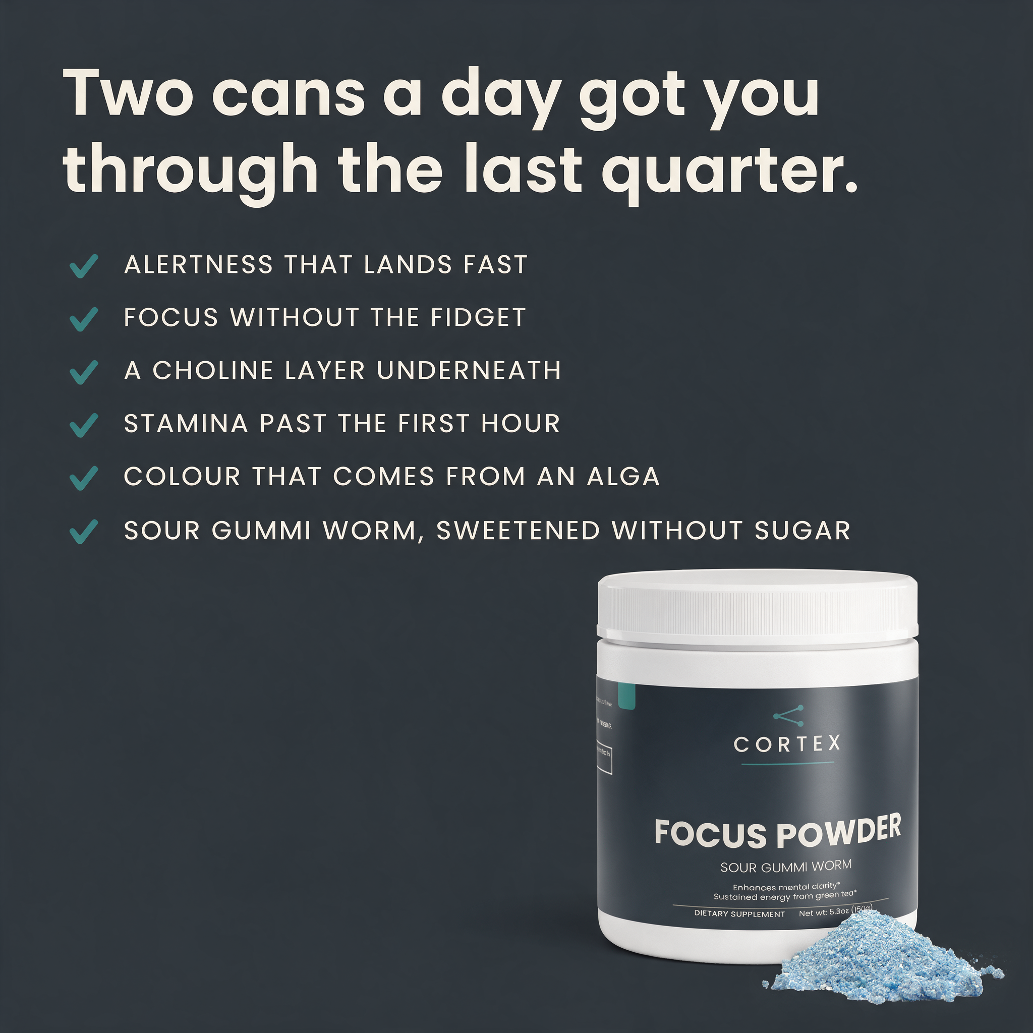 Six benefits of CORTEX Focus Powder Sour Gummi Worm, lifted from the product description — benefits panel v1