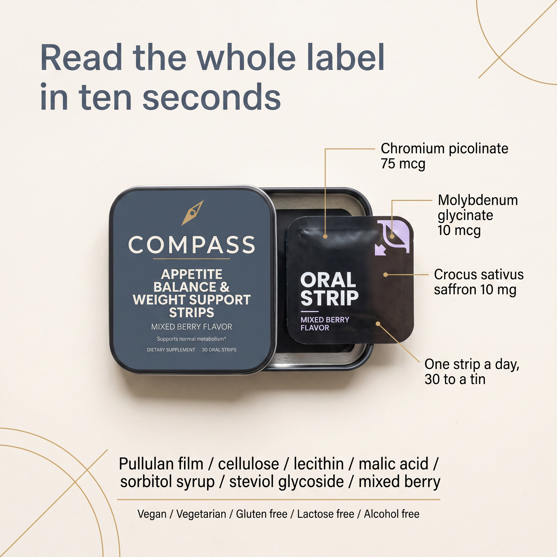 Flat lay of the COMPASS Appetite Balance tin with chromium picolinate 75 mcg, molybdenum glycinate 10 mcg and saffron 10 mg called out, flatlay-v1
