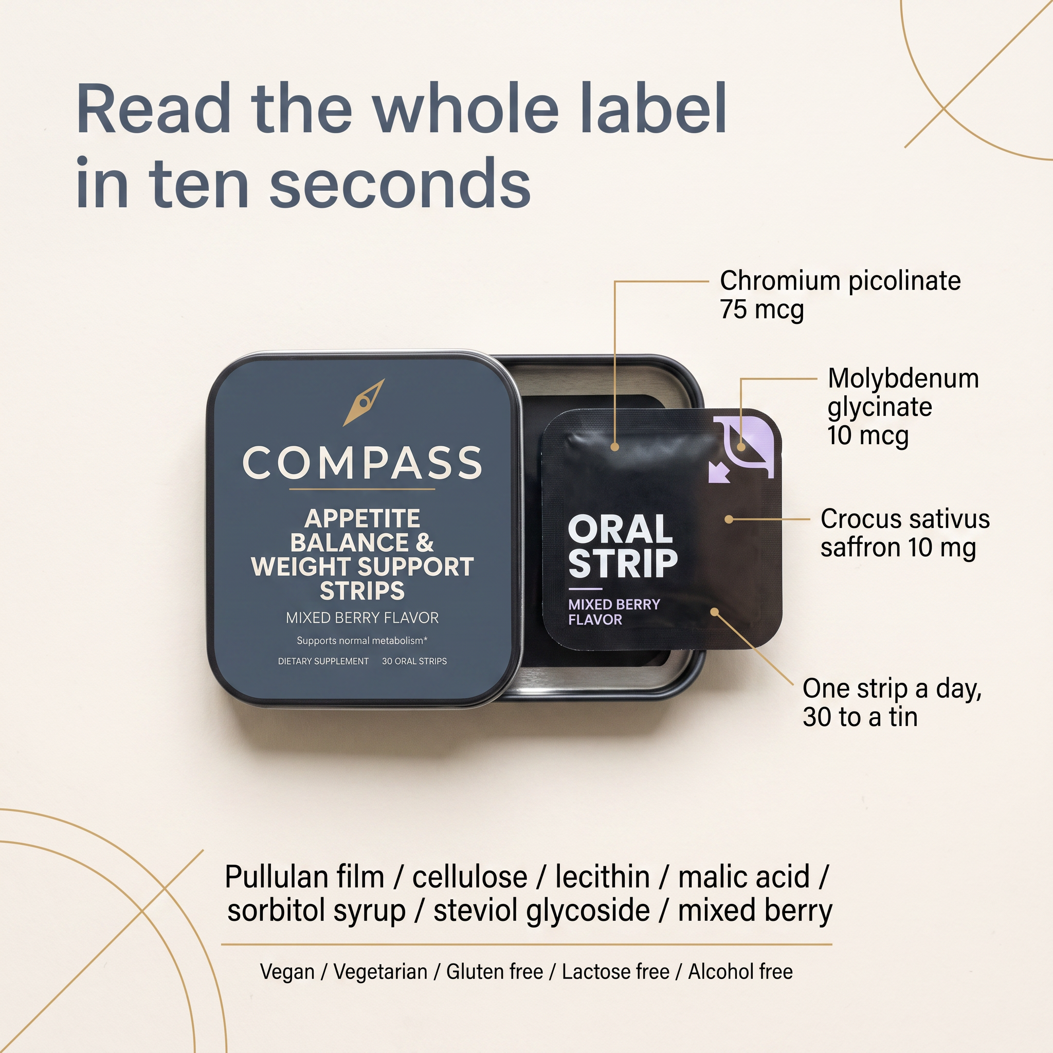 Flat lay of the COMPASS Appetite Balance tin with chromium picolinate 75 mcg, molybdenum glycinate 10 mcg and saffron 10 mg called out, flatlay-v1
