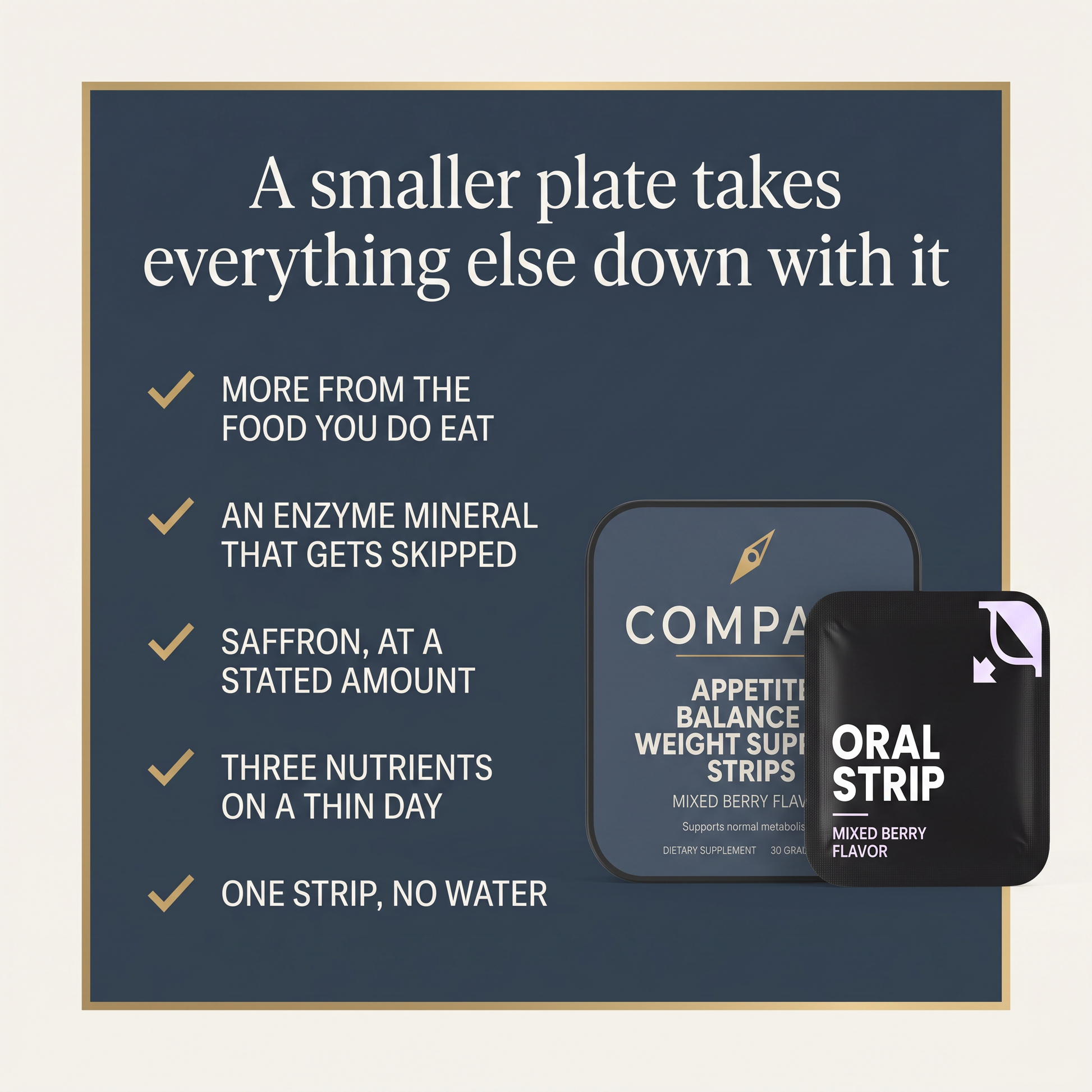 Five benefits of COMPASS Appetite Balance & Weight Support Strips, lifted from the product description, benefits-v1
