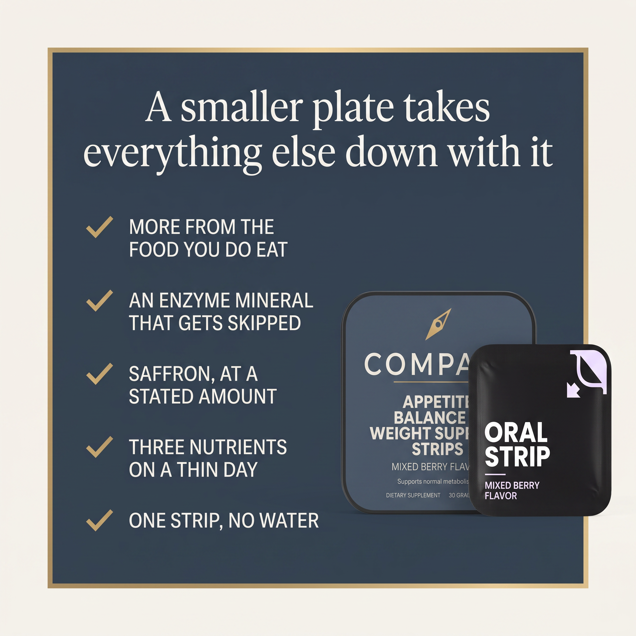 Five benefits of COMPASS Appetite Balance & Weight Support Strips, lifted from the product description, benefits-v1
