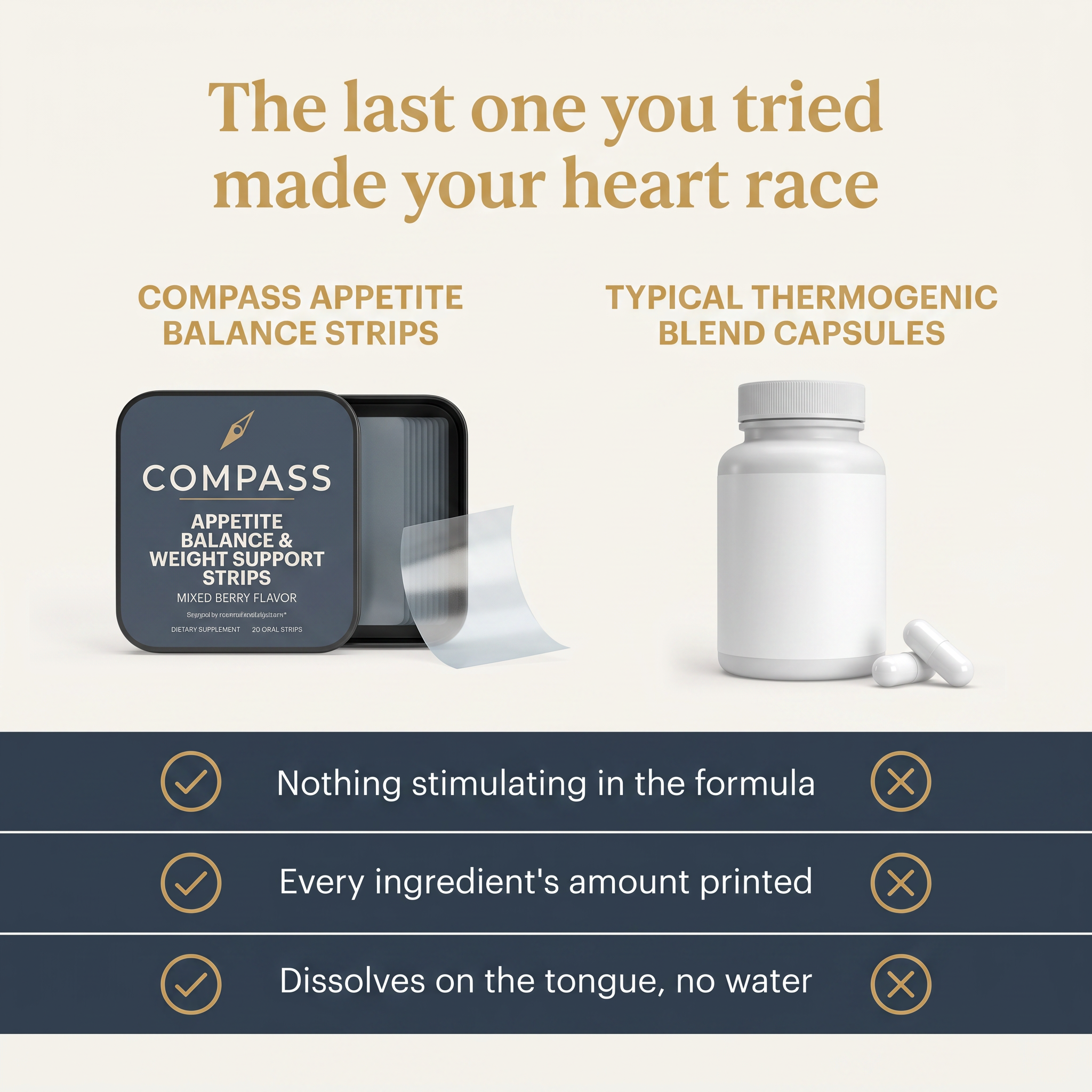 COMPASS Appetite Balance strips compared with typical thermogenic blend capsules on three points, comparison-v1