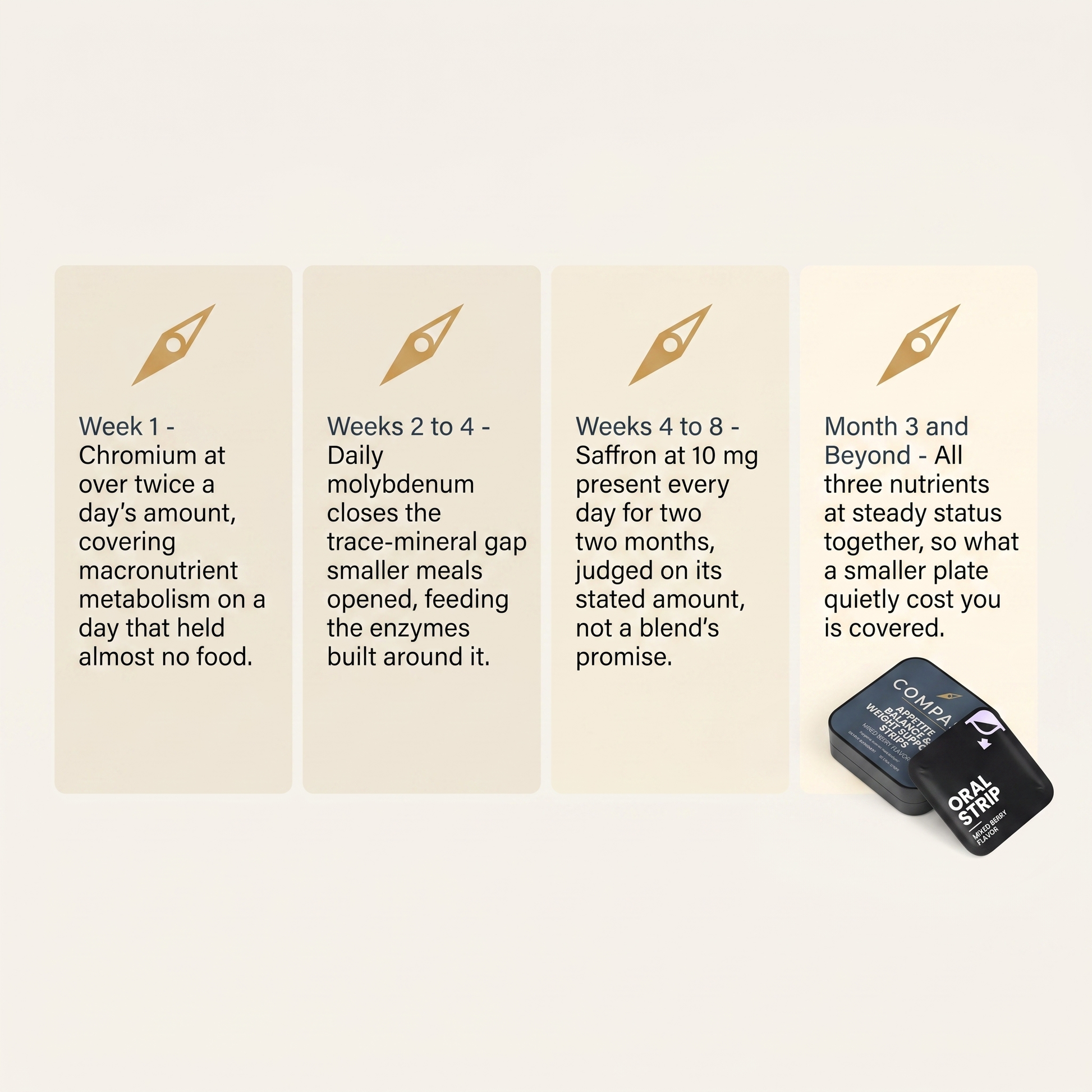Four stage timeline for COMPASS Appetite Balance Strips from week 1 to month 3 and beyond, timeline-v1