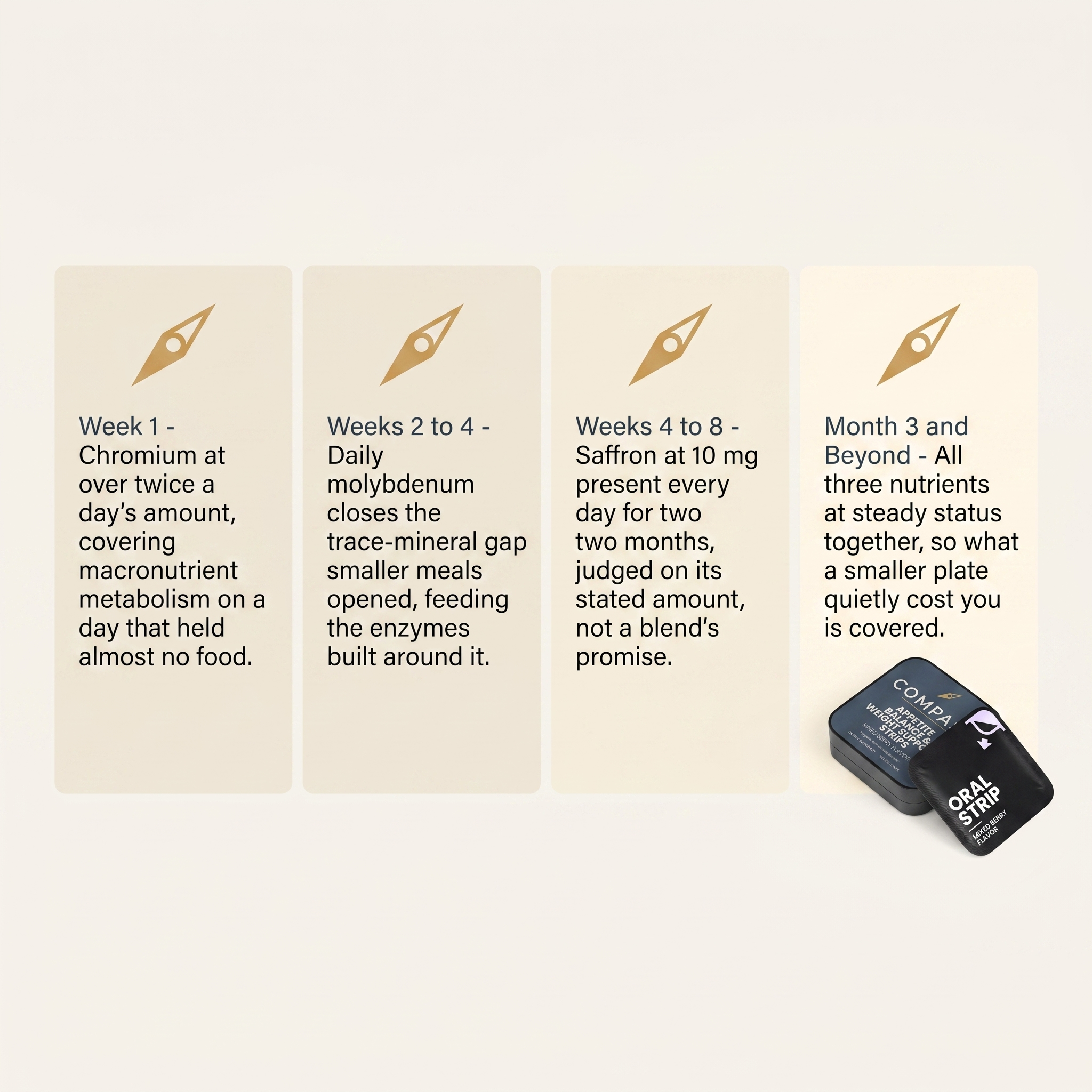 Four stage timeline for COMPASS Appetite Balance Strips from week 1 to month 3 and beyond, timeline-v1