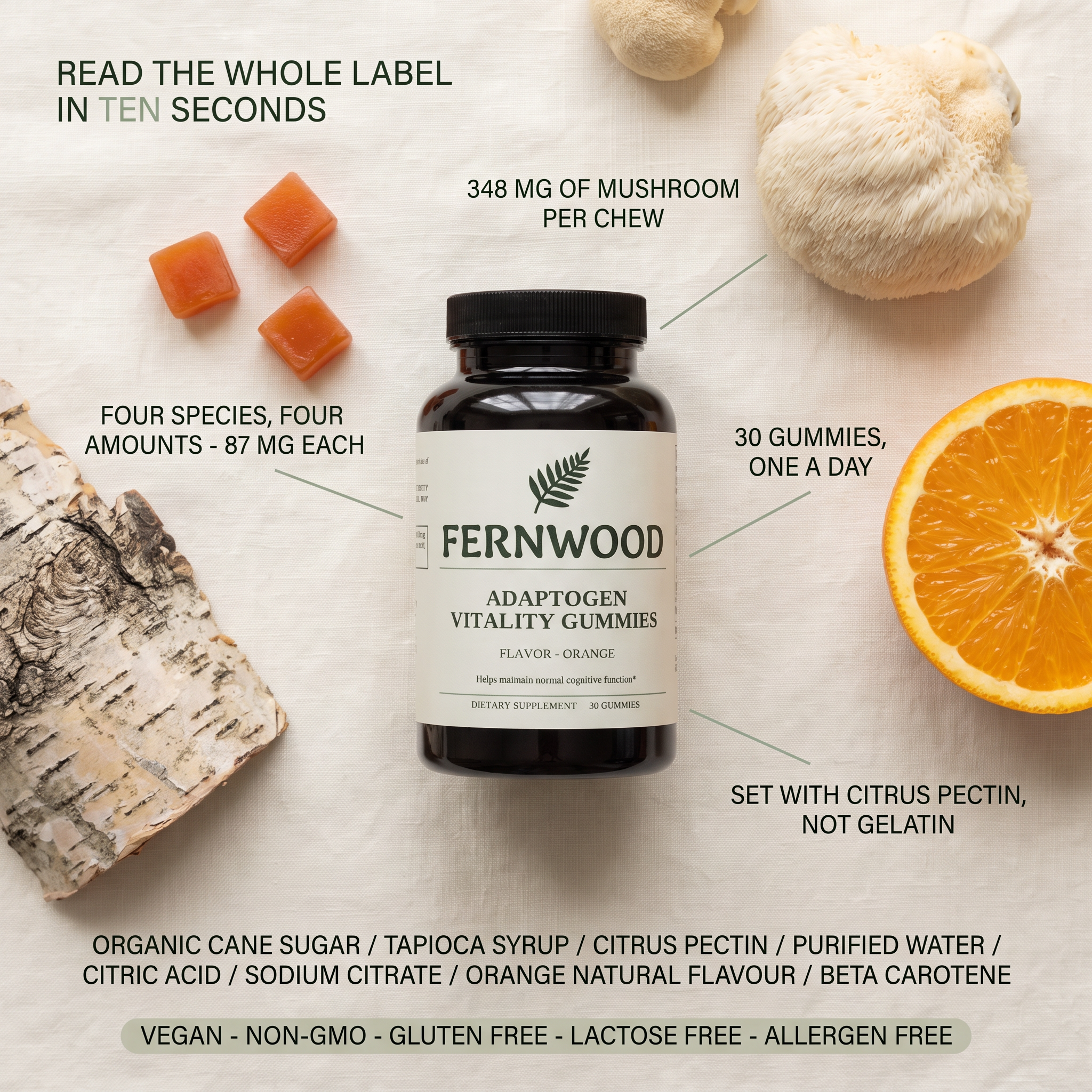 FERNWOOD Adaptogen Vitality Gummies label flat lay v1 - four species at 87 mg each, 348 mg of mushroom per chew, 30 gummies, set with citrus pectin, full ingredient line and the vegan, non-GMO, gluten free, lactose free and allergen free badges.