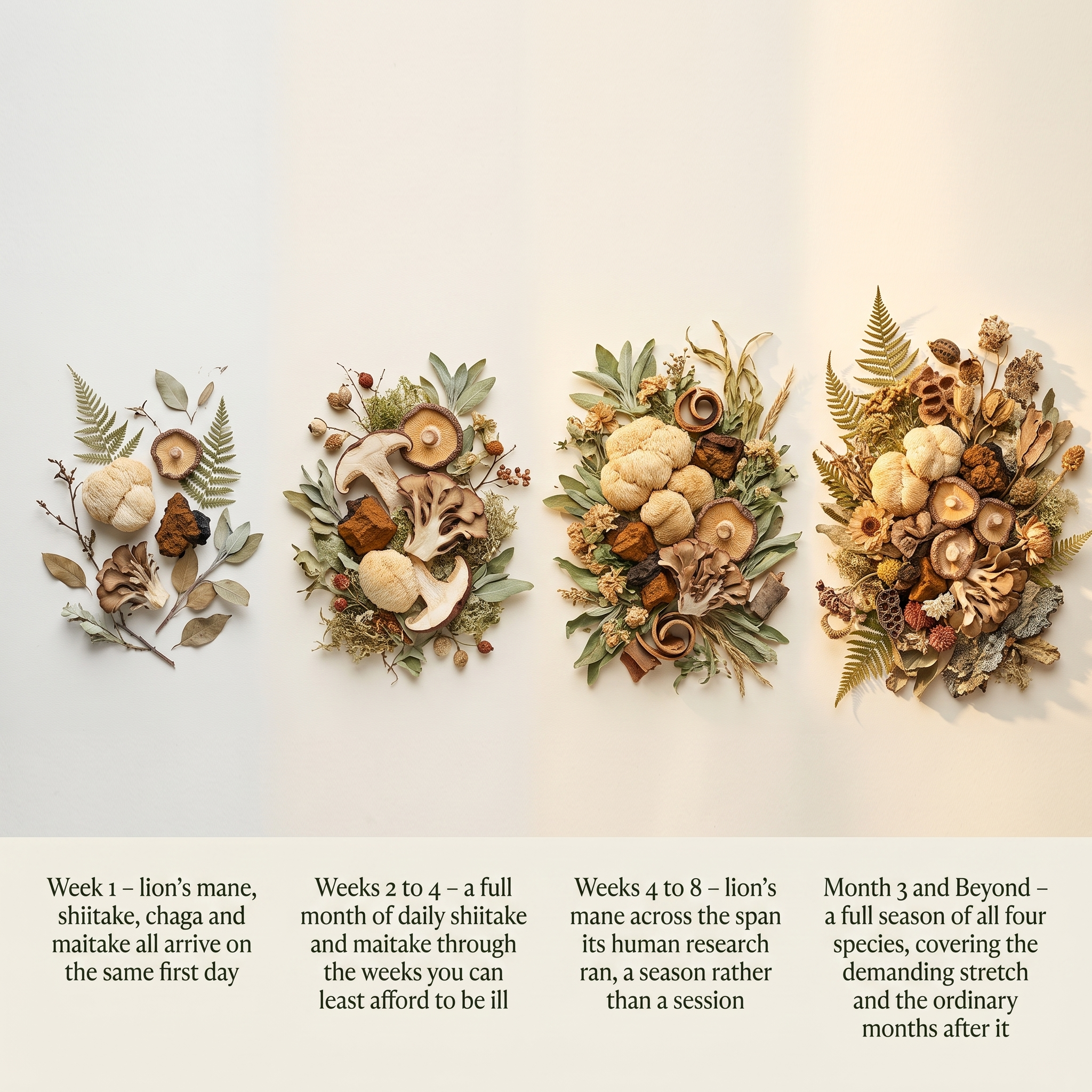 FERNWOOD Adaptogen Vitality Gummies timeline v1 - Week 1, Weeks 2 to 4, Weeks 4 to 8, Month 3 and Beyond, showing what four mushroom species accumulate to across a season.