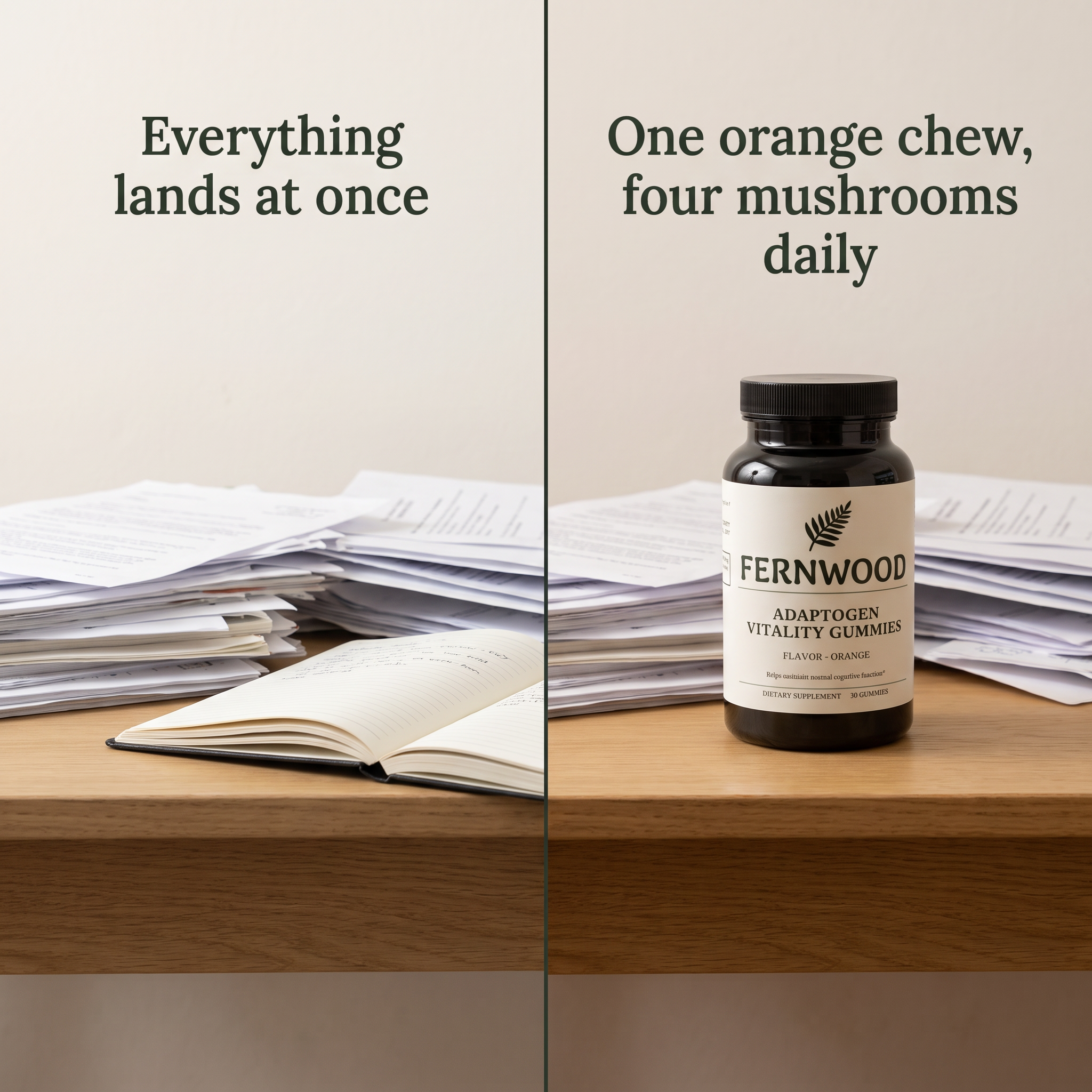 FERNWOOD Adaptogen Vitality Gummies split image v1 - the same desk on both sides, everything landing at once on the left, one orange chew with four mushrooms daily on the right.