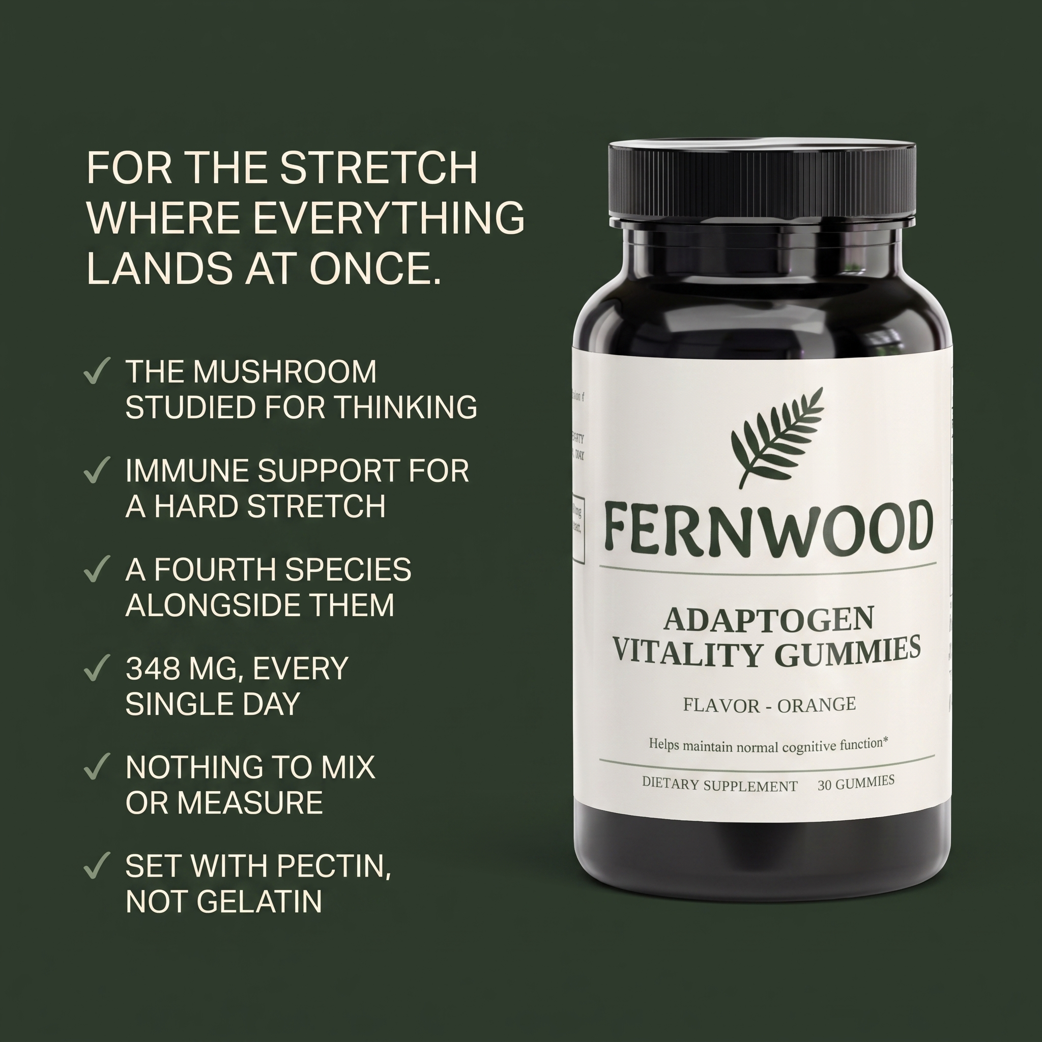 FERNWOOD Adaptogen Vitality Gummies six-benefit panel v1 - the mushroom studied for thinking, immune support for a hard stretch, a fourth species alongside them, 348 mg every single day, nothing to mix or measure, set with pectin not gelatin.