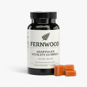 FERNWOOD Adaptogen Vitality Gummies jar, 30 vegan orange gummies with lion's mane, shiitake, chaga and maitake - hero v1, upscaled 4K.