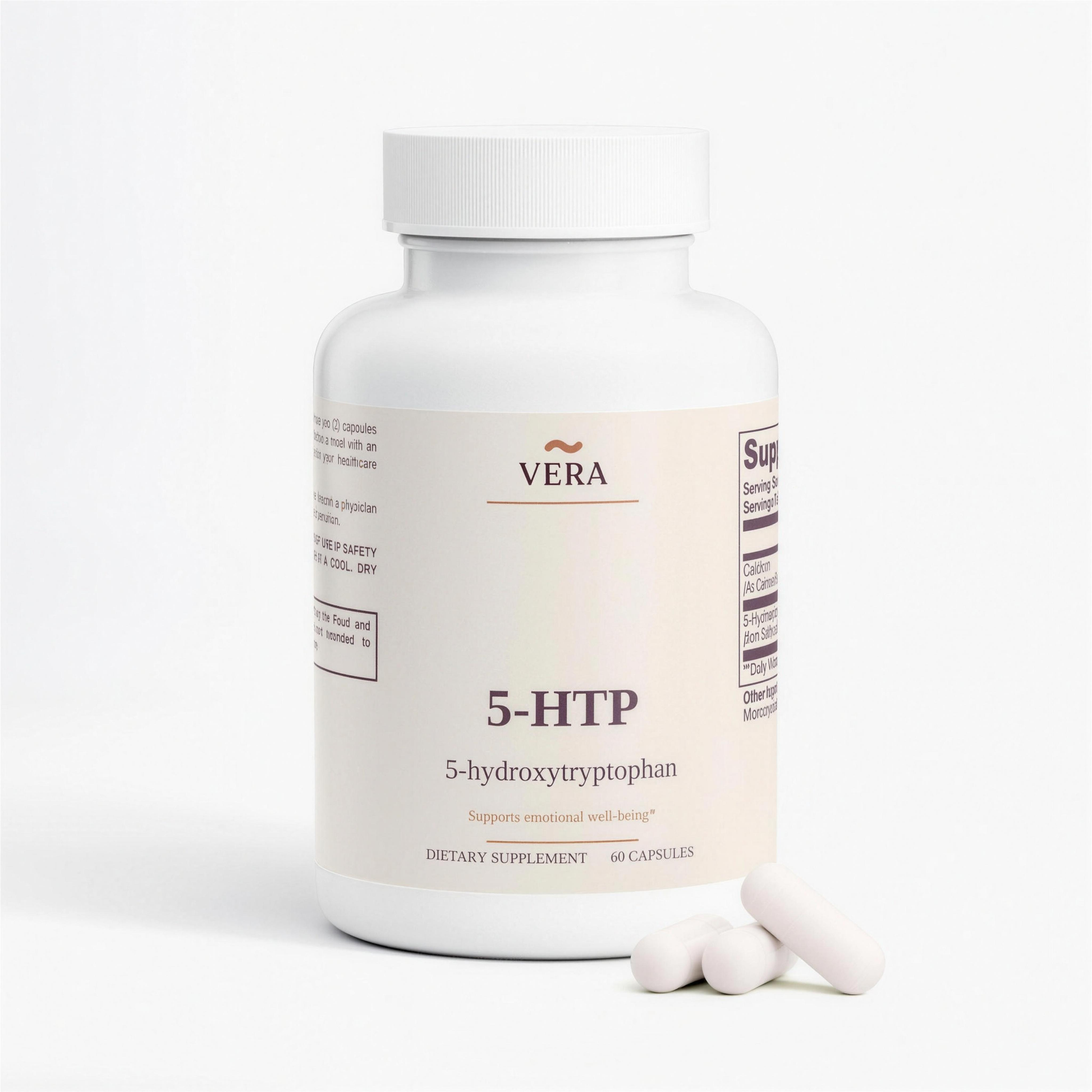 VERA 5-HTP supplement bottle, griffonia simplicifolia seed extract capsules, 30 servings - hero 4K v1