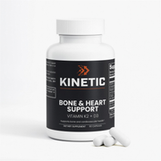 KINETIC Bone & Heart Support supplement bottle, front label with vitamin K2 as MK-7 — hero, 4K upscale v1