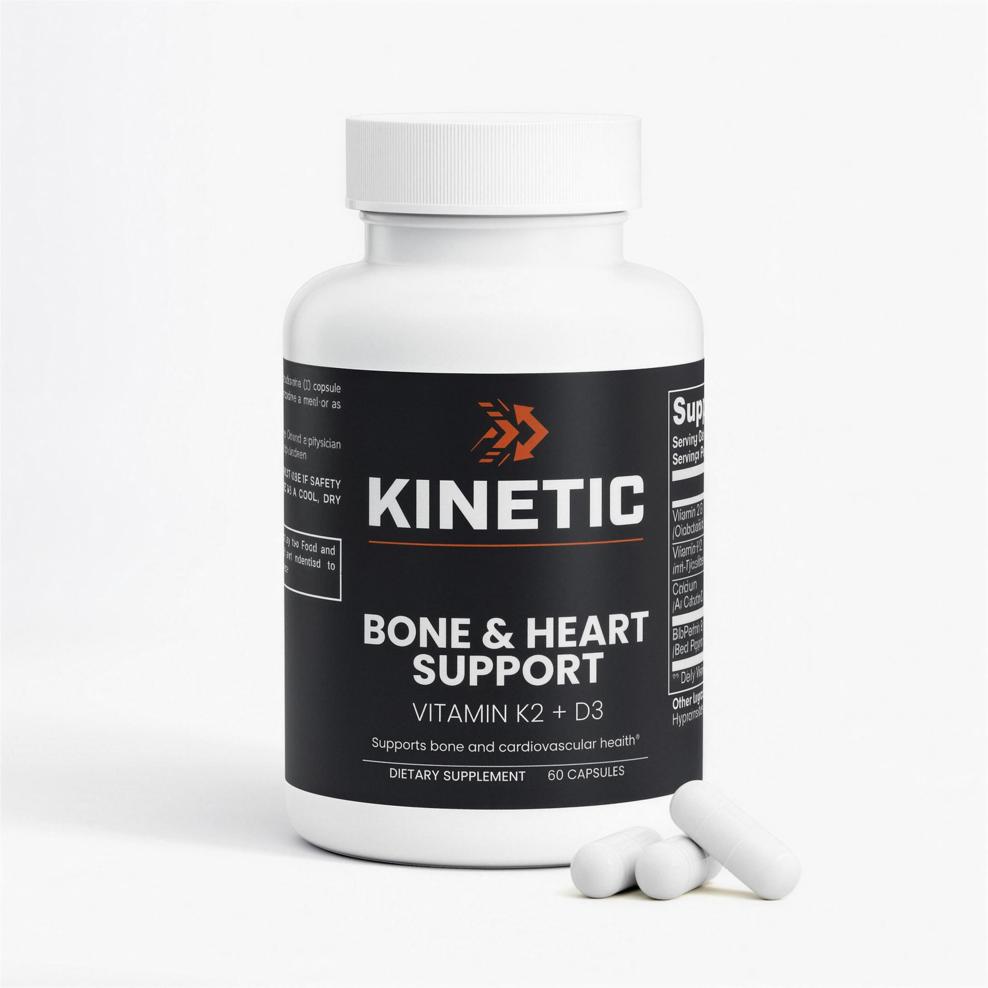 KINETIC Bone & Heart Support supplement bottle, front label with vitamin K2 as MK-7 — hero, 4K upscale v1