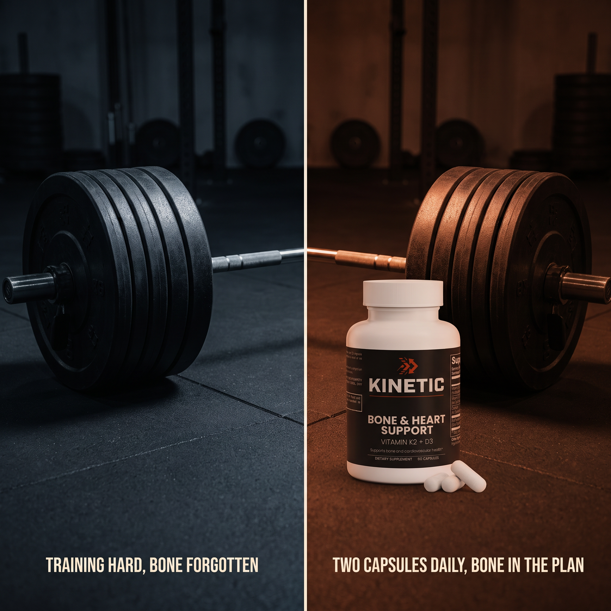 KINETIC Bone & Heart Support — split frame, the same loaded barbell training hard with bone forgotten and with bone in the plan — v1