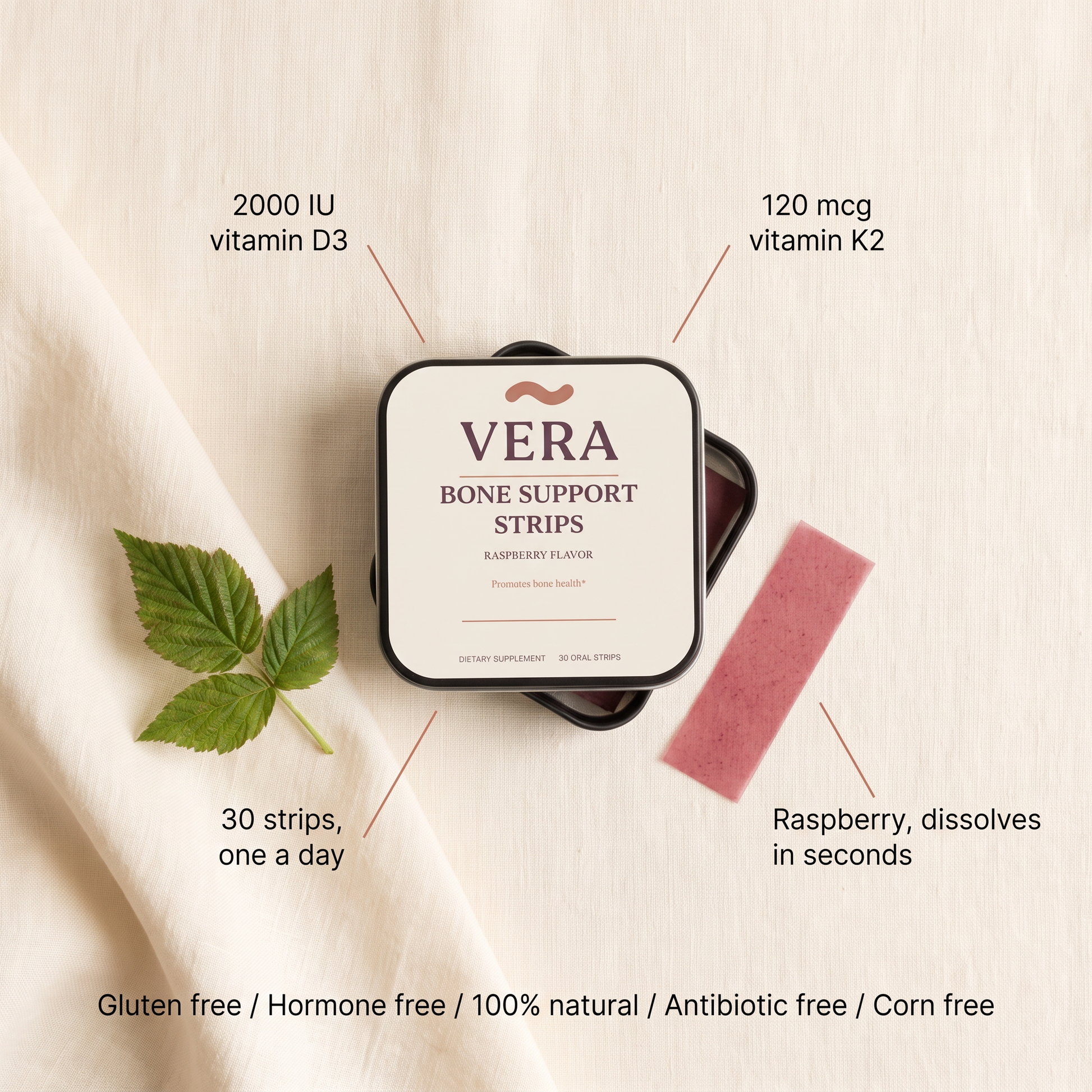 VERA Bone Support Strips label flat lay, D3 and K2 amounts and free-from line v1