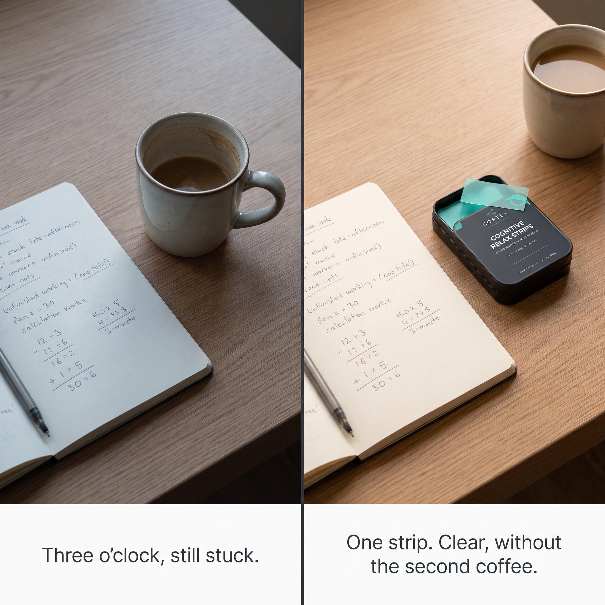 CORTEX Cognitive Relax Strips problem and supported split: three o'clock still stuck, versus one strip and clear without the second coffee - v1