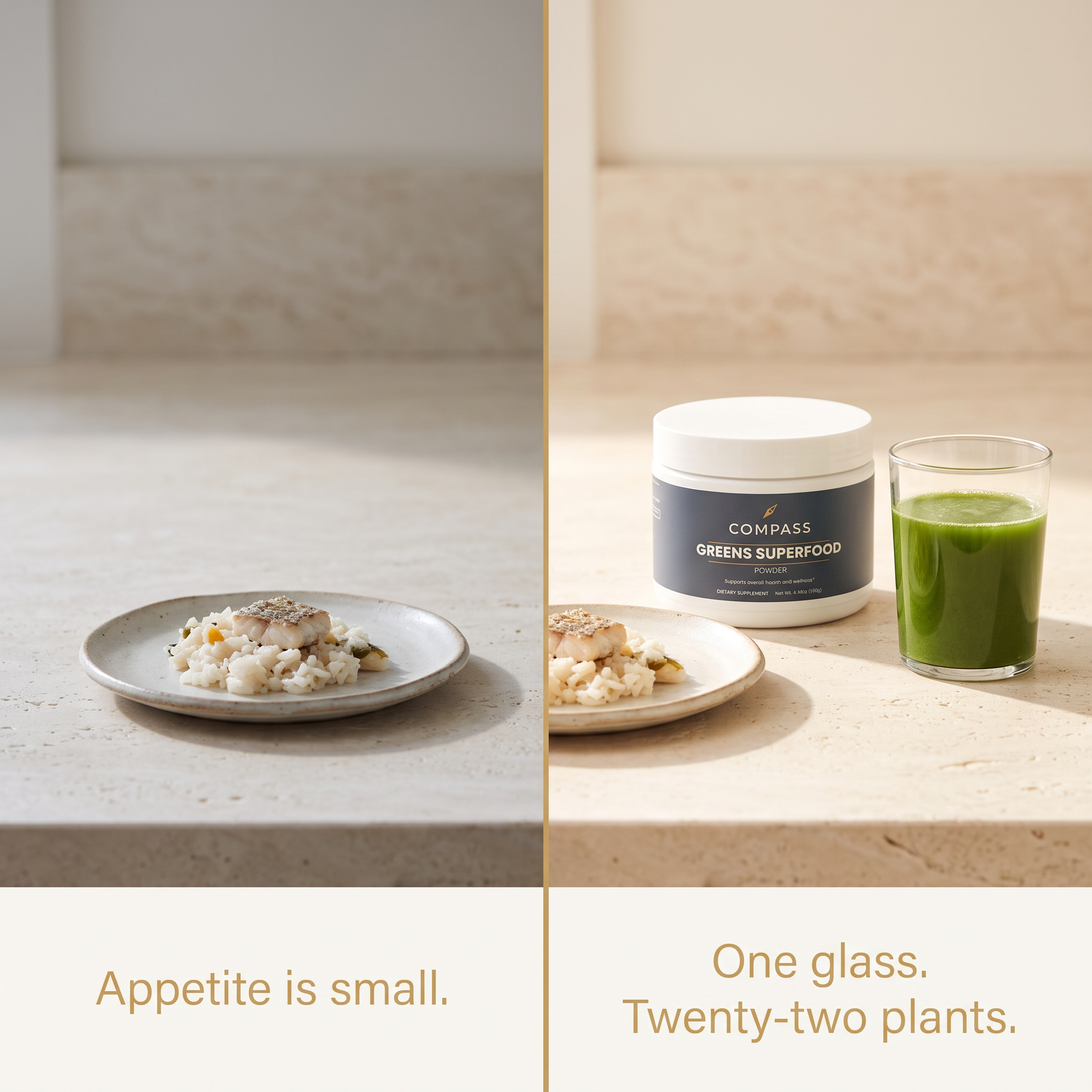 COMPASS Greens Superfood Powder, small plate unchanged on both sides with the tub and a filled glass added on the right, v1