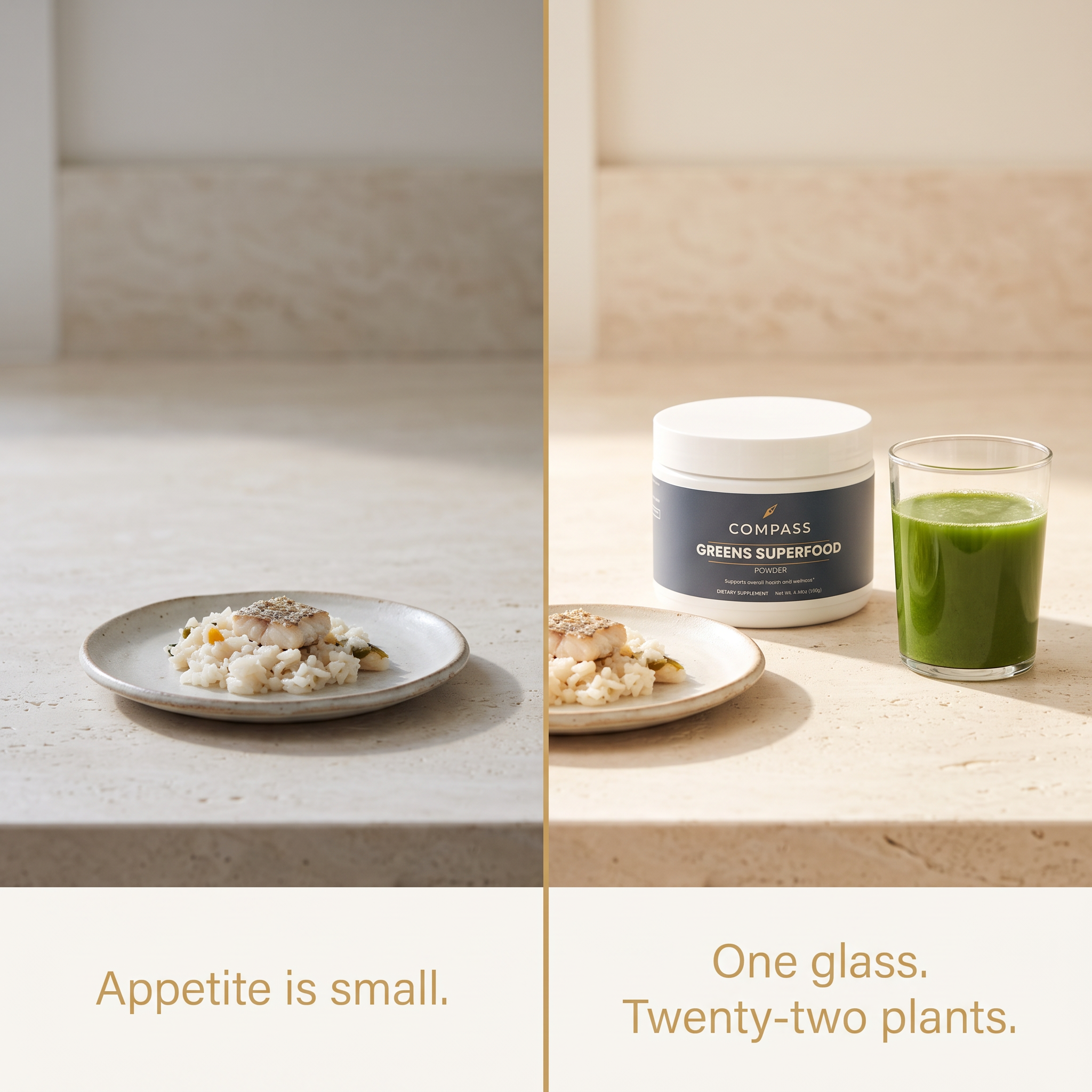 COMPASS Greens Superfood Powder, small plate unchanged on both sides with the tub and a filled glass added on the right, v1