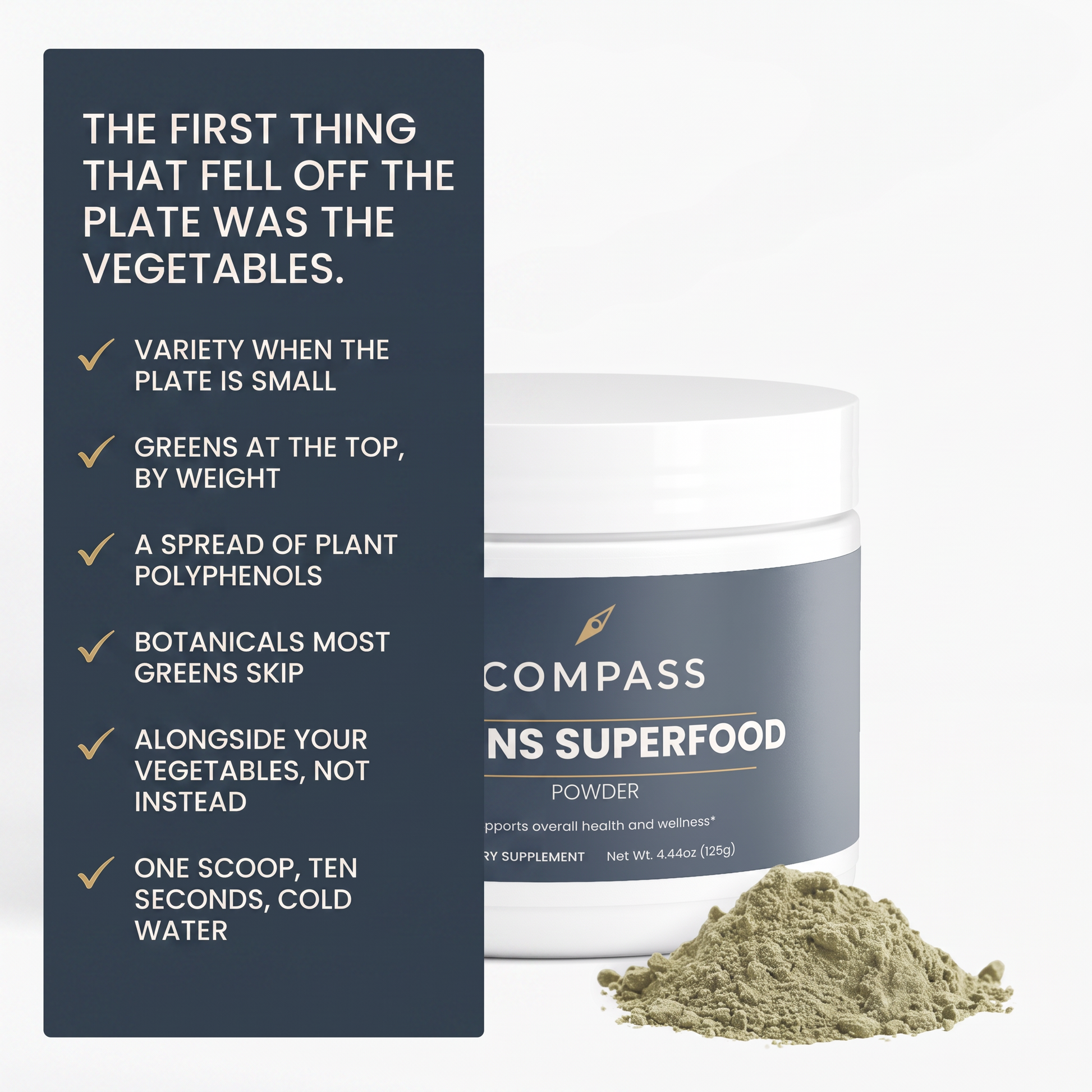 COMPASS Greens Superfood Powder, six benefits panel, six rows lifted from the hero section, v1
