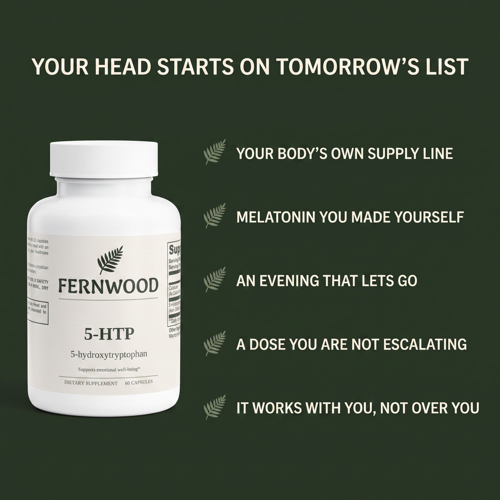 FERNWOOD 5-HTP five-row benefits panel: your body's own supply line, melatonin you made yourself, an evening that lets go, a dose you are not escalating, it works with you not over you - benefits-v1