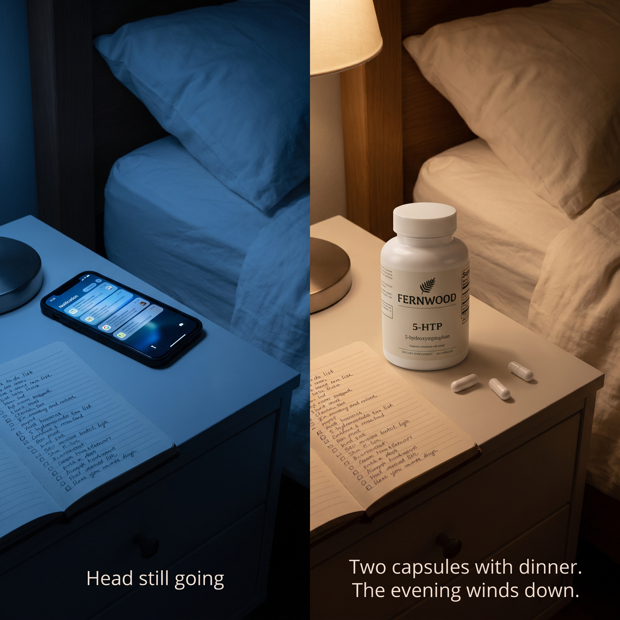 FERNWOOD 5-HTP split image: bedside table with the list still open, head still going, versus two capsules with dinner and an evening that winds down - split-v1