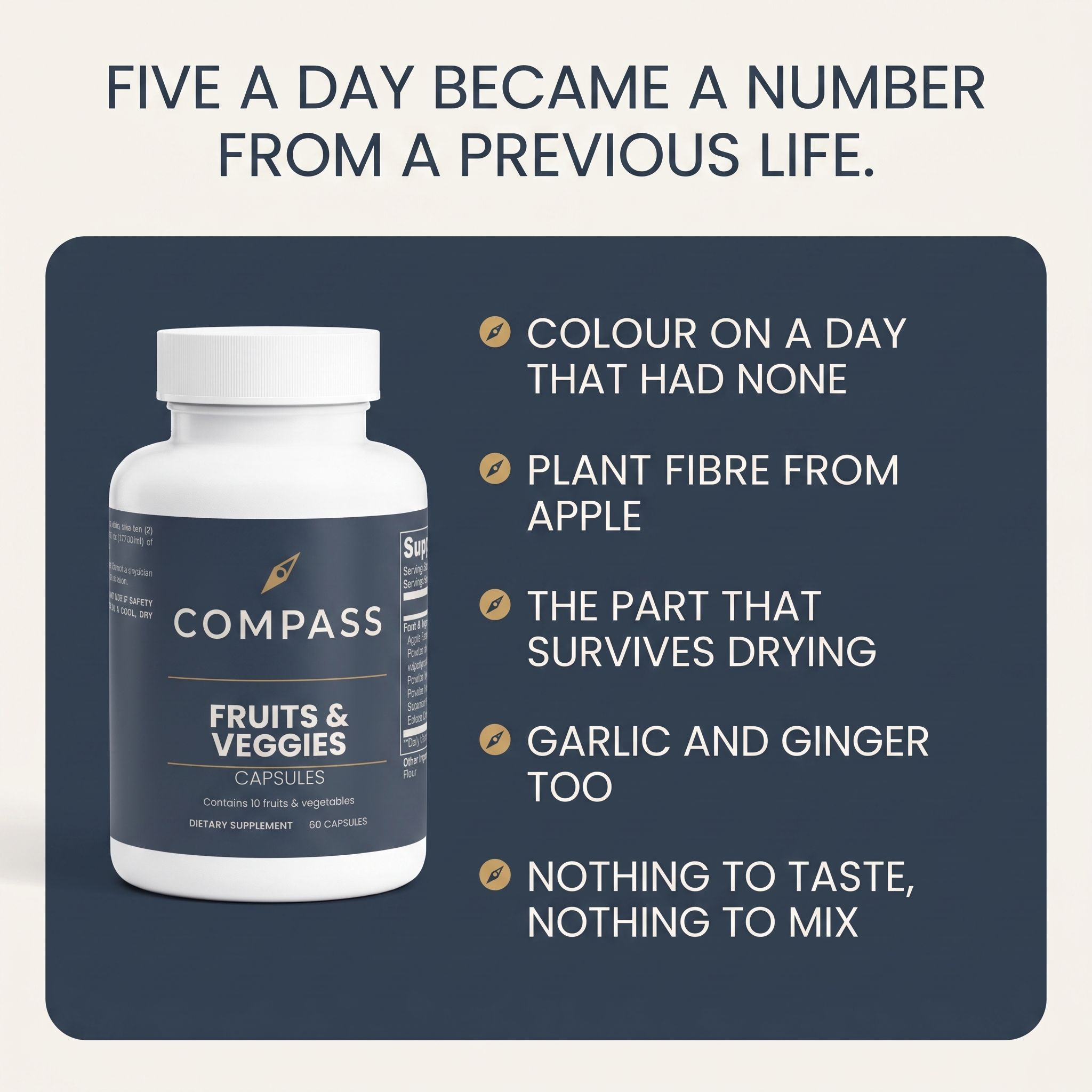 COMPASS Fruits and Veggies benefits panel v1 - colour on a day that had none, plant fibre from apple, the part that survives drying, garlic and ginger too, nothing to taste nothing to mix