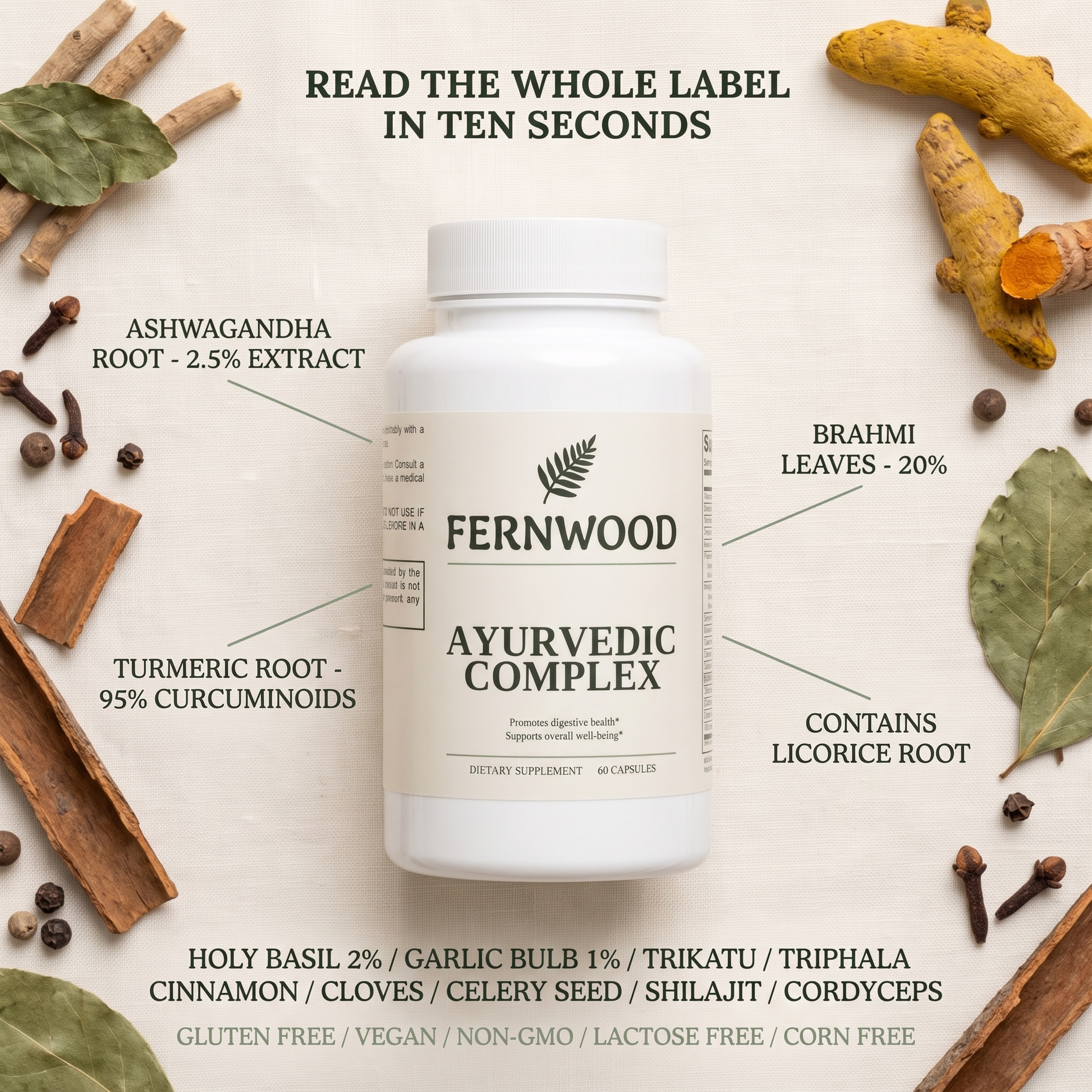 FERNWOOD Ayurvedic Complex label flat lay v1 - extract grades, licorice disclosure and badge line