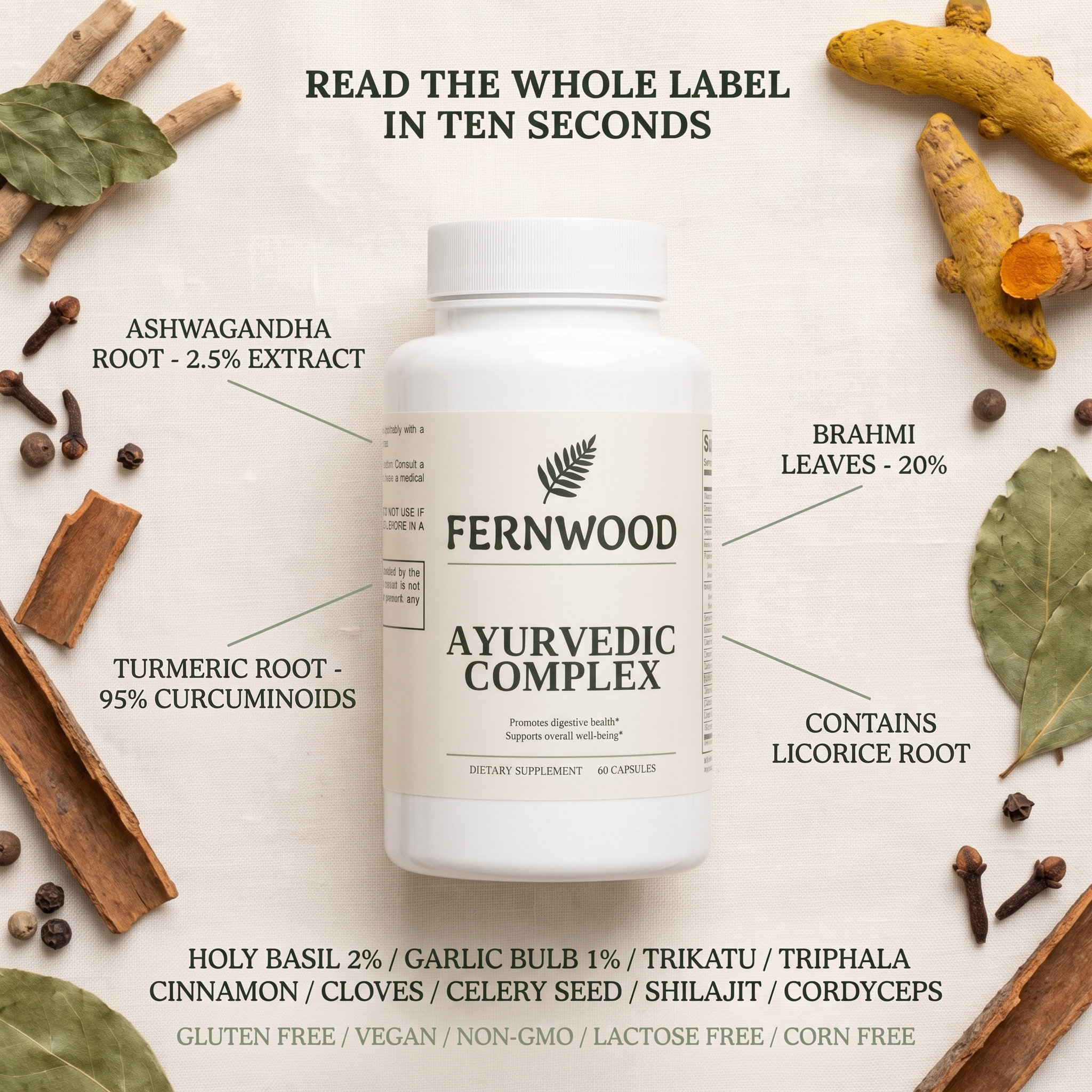 FERNWOOD Ayurvedic Complex label flat lay v1 - extract grades, licorice disclosure and badge line