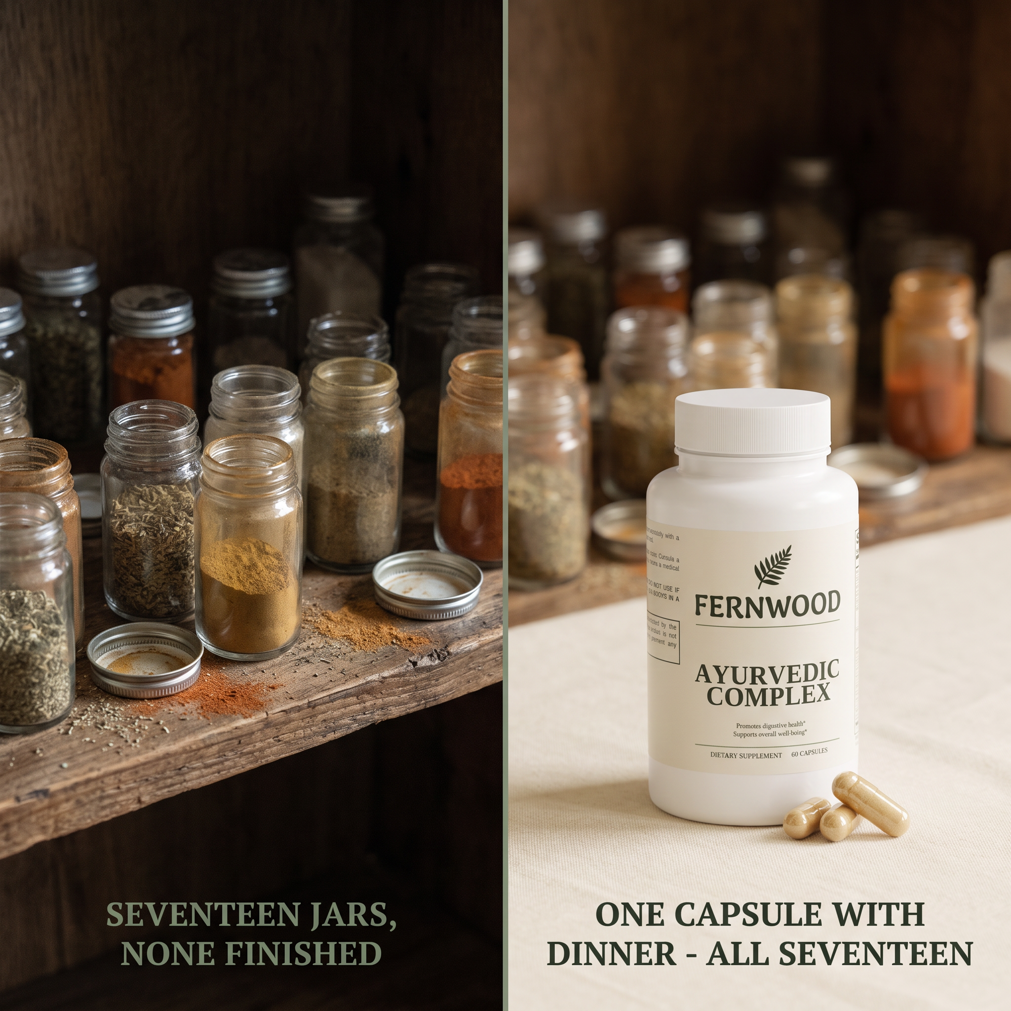 FERNWOOD Ayurvedic Complex problem versus supported split v1 - seventeen jars against one capsule with dinner
