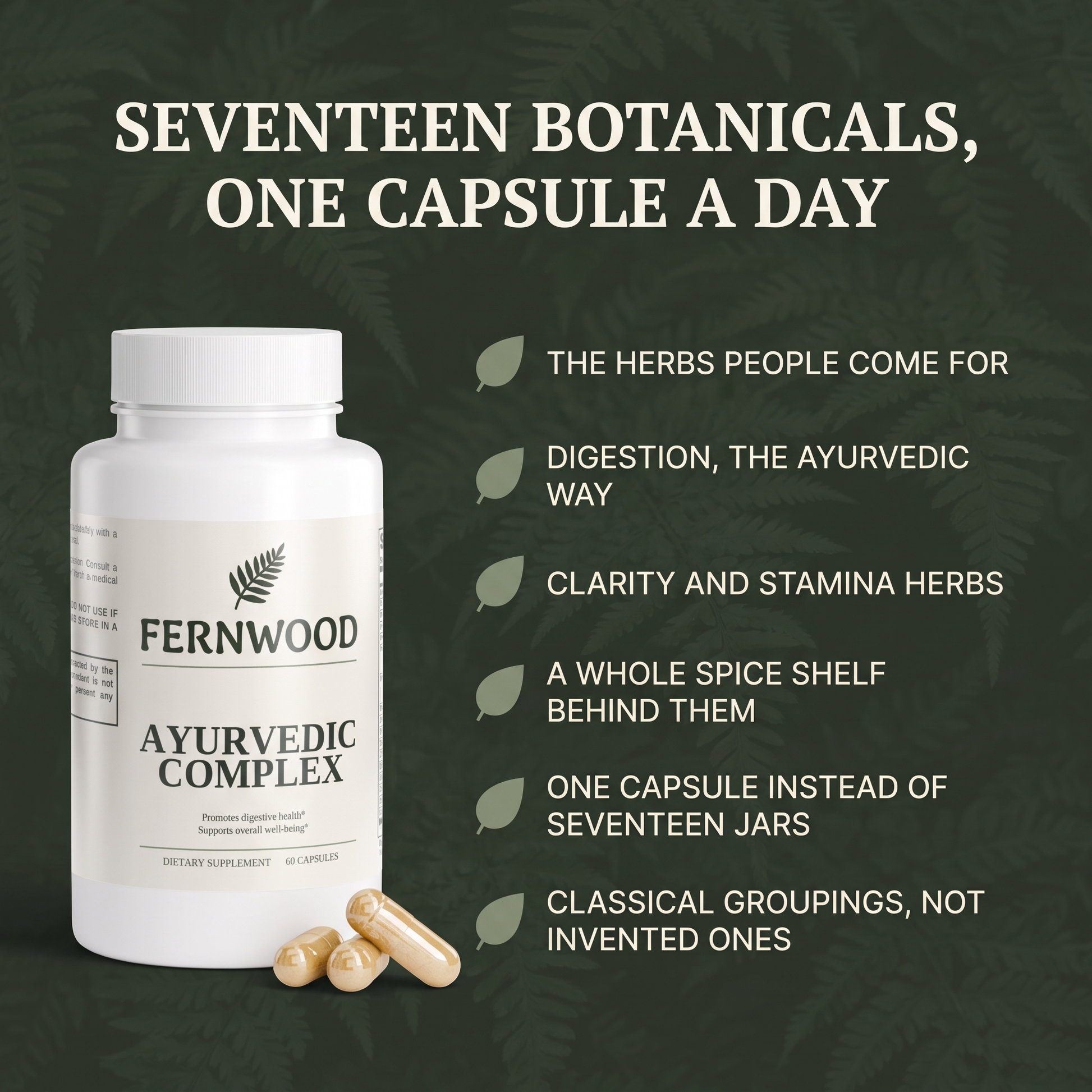 FERNWOOD Ayurvedic Complex six-benefit panel v1 - seventeen botanicals, one capsule a day