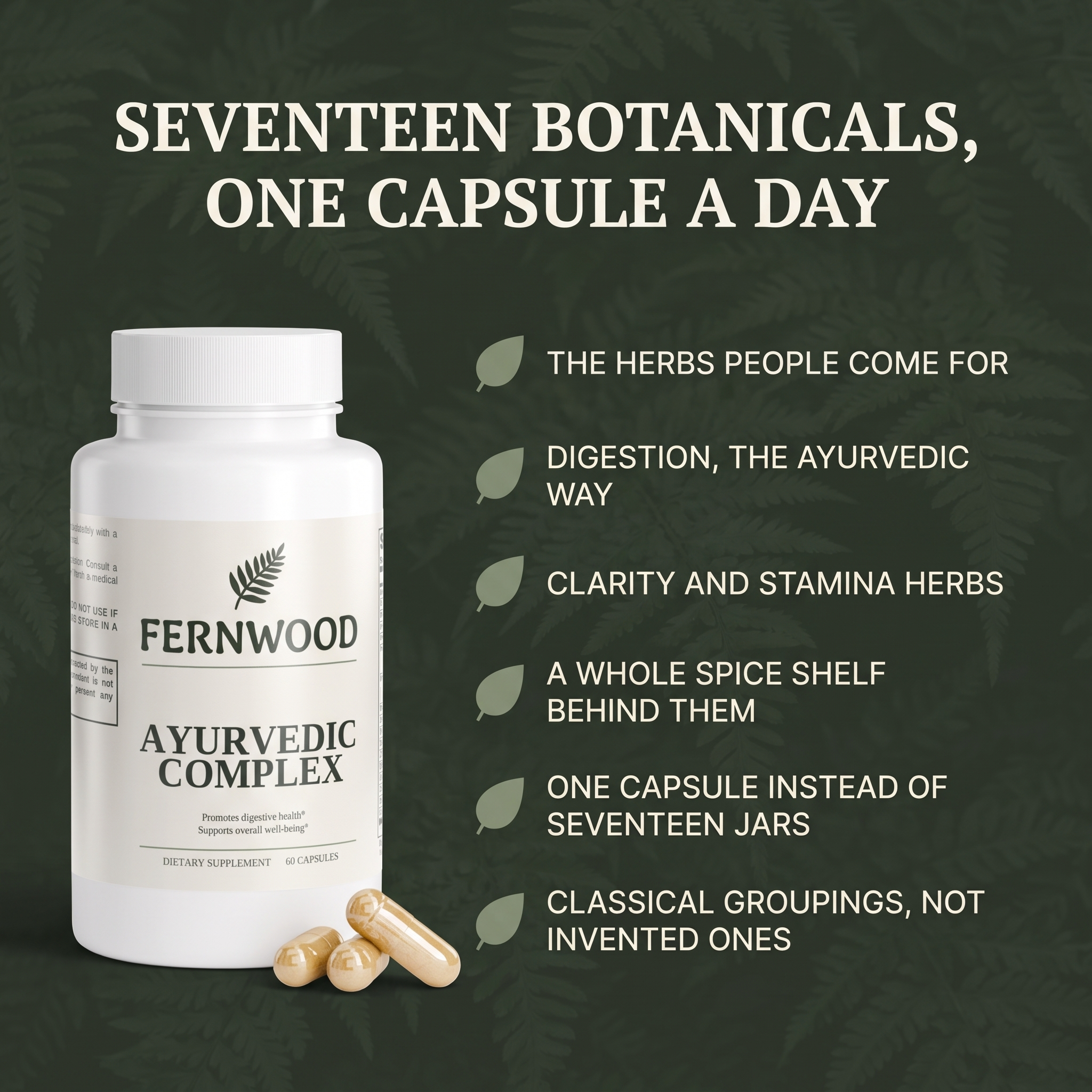 FERNWOOD Ayurvedic Complex six-benefit panel v1 - seventeen botanicals, one capsule a day