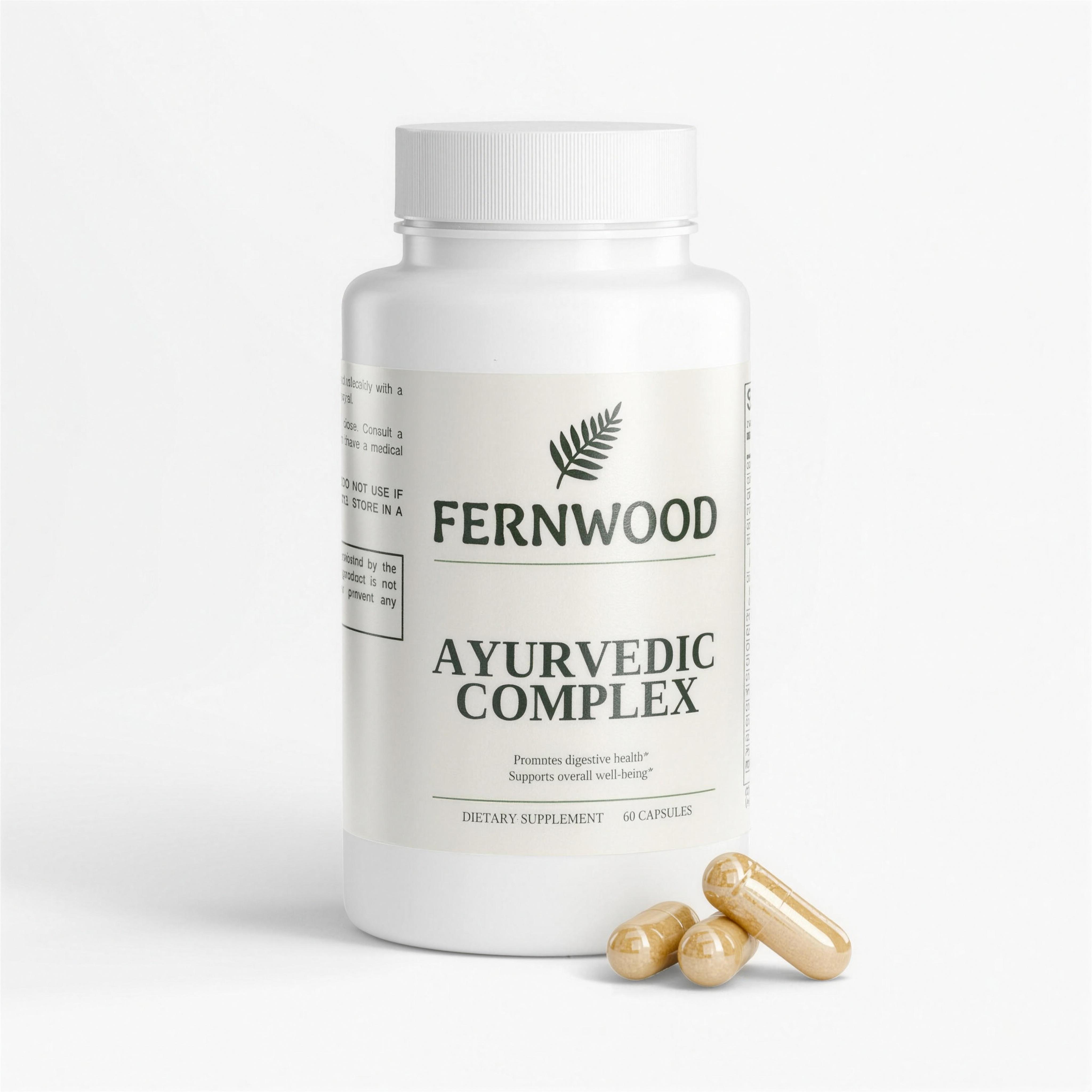FERNWOOD Ayurvedic Complex bottle - 17 traditional botanicals per serving, vegan capsules, 60 servings (hero v2, 4K upscale)