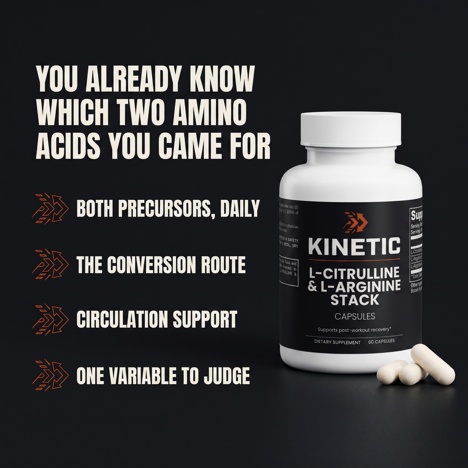 Four benefits of KINETIC L-Citrulline & L-Arginine Stack: both precursors daily, the conversion route, circulation support, one variable to judge - benefits panel v1