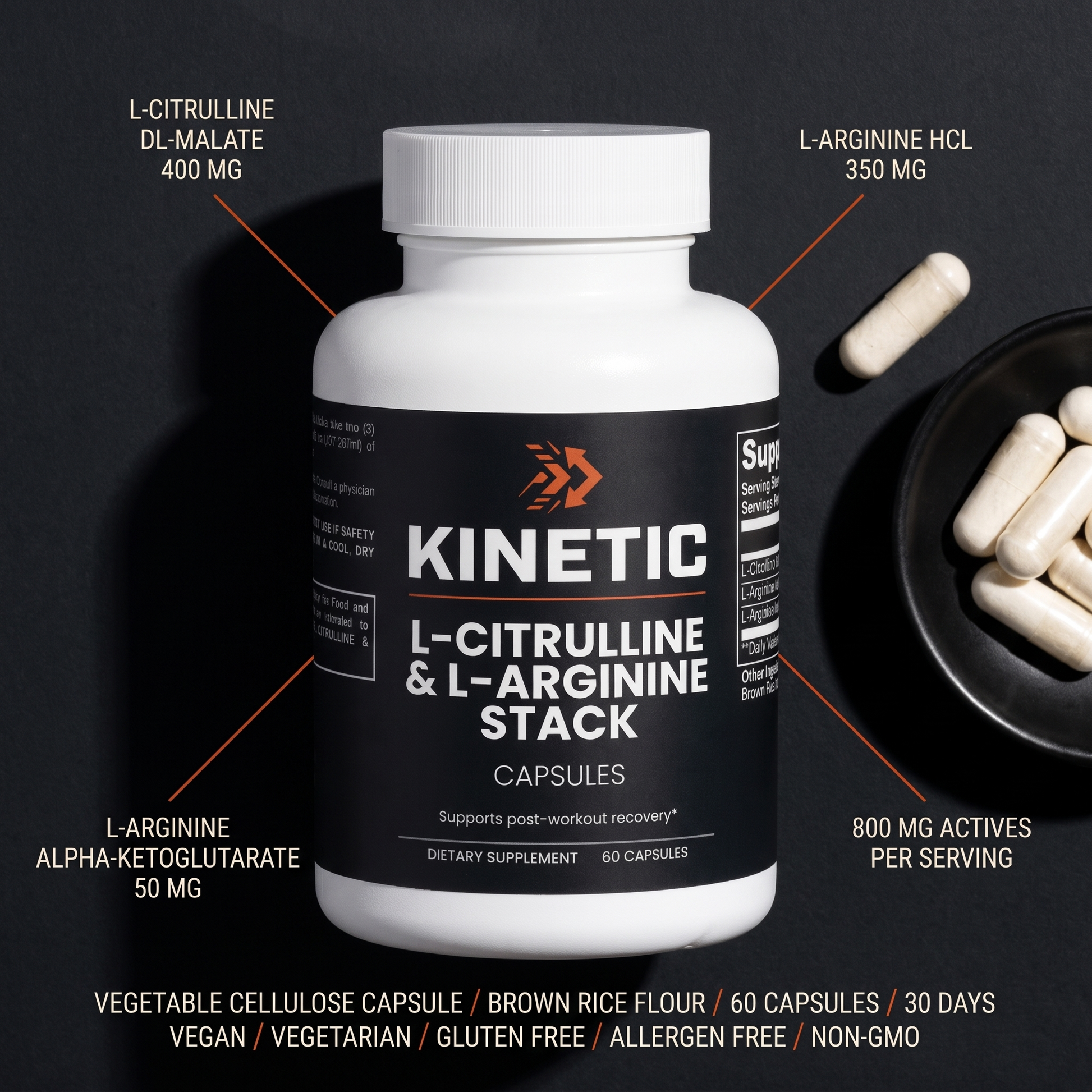 Flat lay of the KINETIC L-Citrulline & L-Arginine Stack label: L-citrulline DL-malate 400 mg, L-arginine HCl 350 mg, L-arginine alpha-ketoglutarate 50 mg, 800 mg actives per serving - label flat lay v1