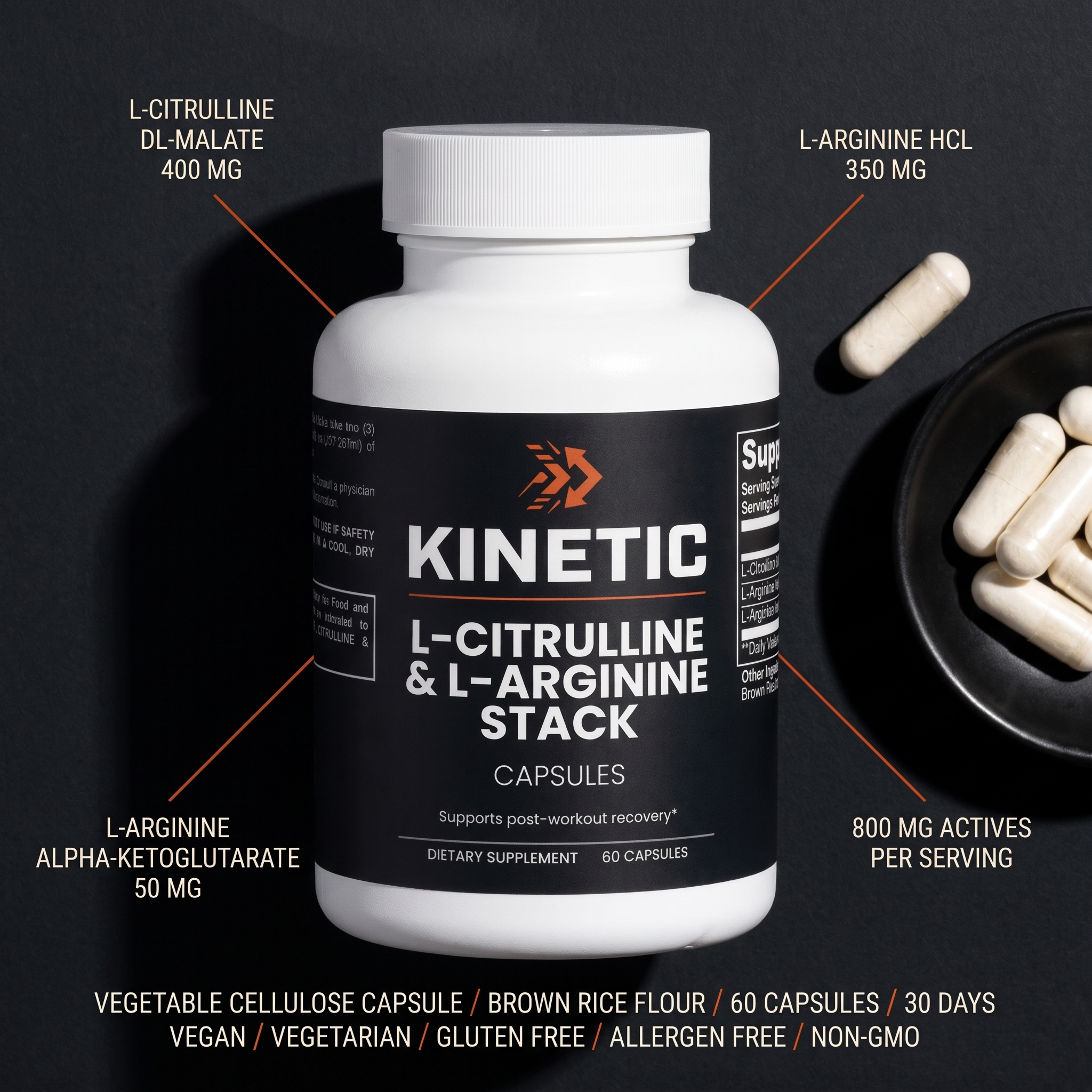 Flat lay of the KINETIC L-Citrulline & L-Arginine Stack label: L-citrulline DL-malate 400 mg, L-arginine HCl 350 mg, L-arginine alpha-ketoglutarate 50 mg, 800 mg actives per serving - label flat lay v1