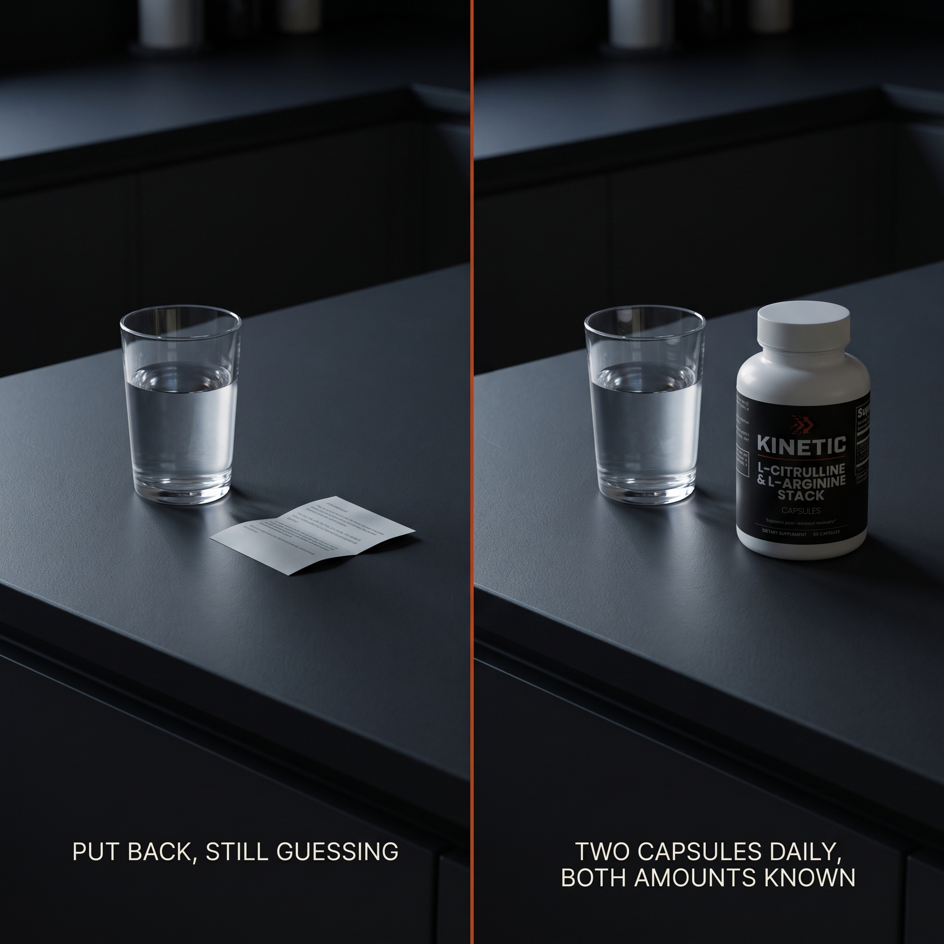 Split image: a counter without the bottle, then the same counter with KINETIC L-Citrulline & L-Arginine Stack - problem versus supported split v1