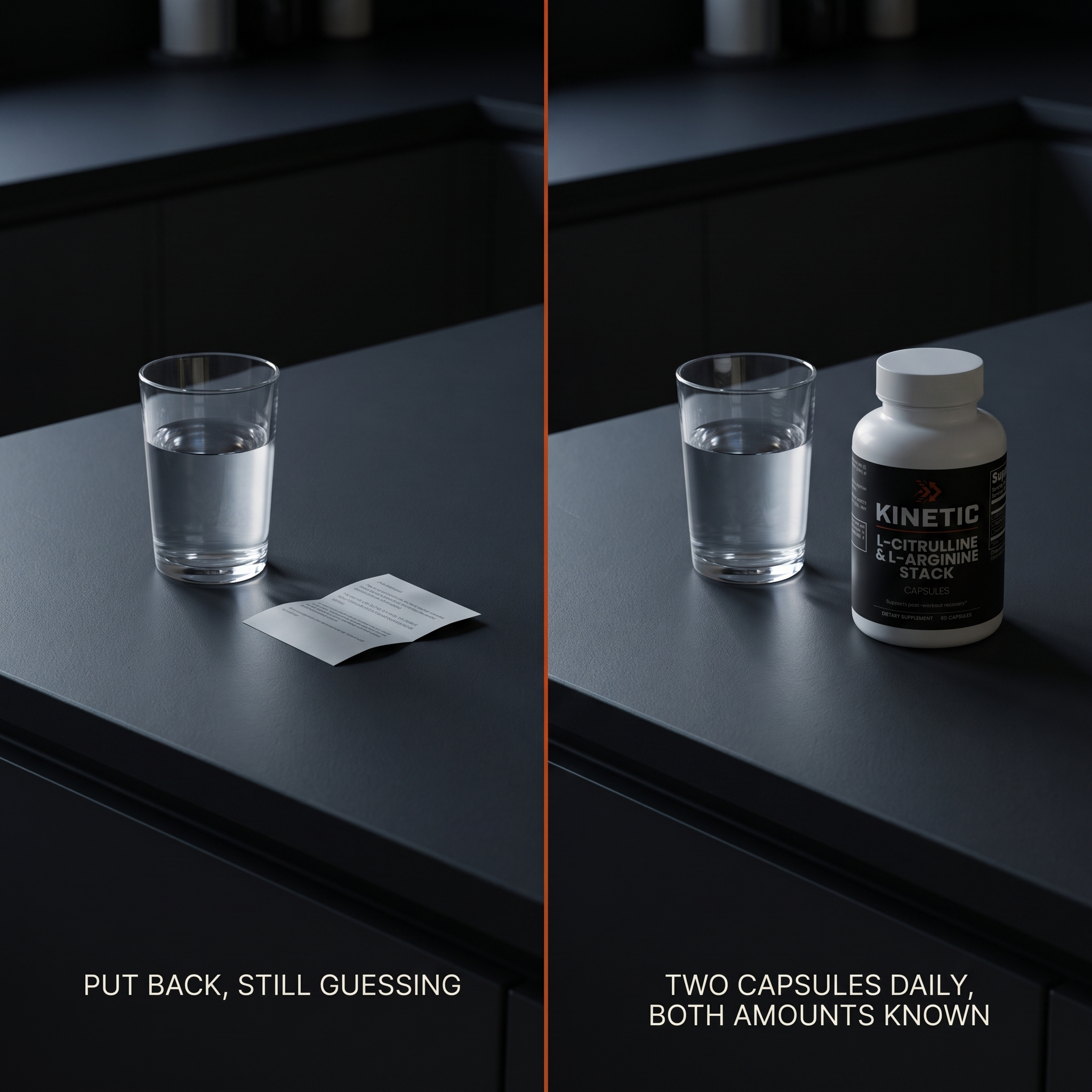 Split image: a counter without the bottle, then the same counter with KINETIC L-Citrulline & L-Arginine Stack - problem versus supported split v1