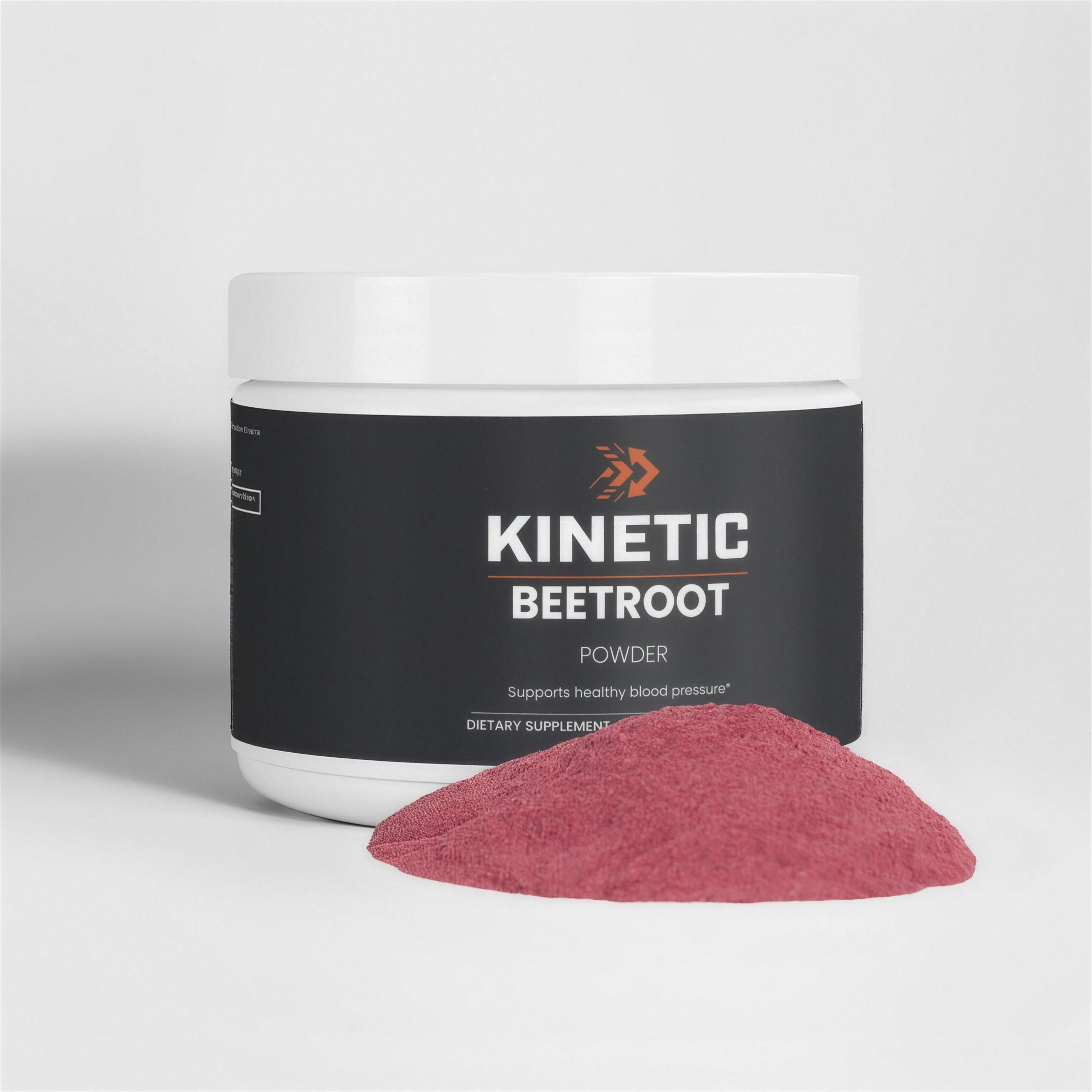 KINETIC Beetroot Powder 97.5 g tub, front of pack, upscaled hero - v1