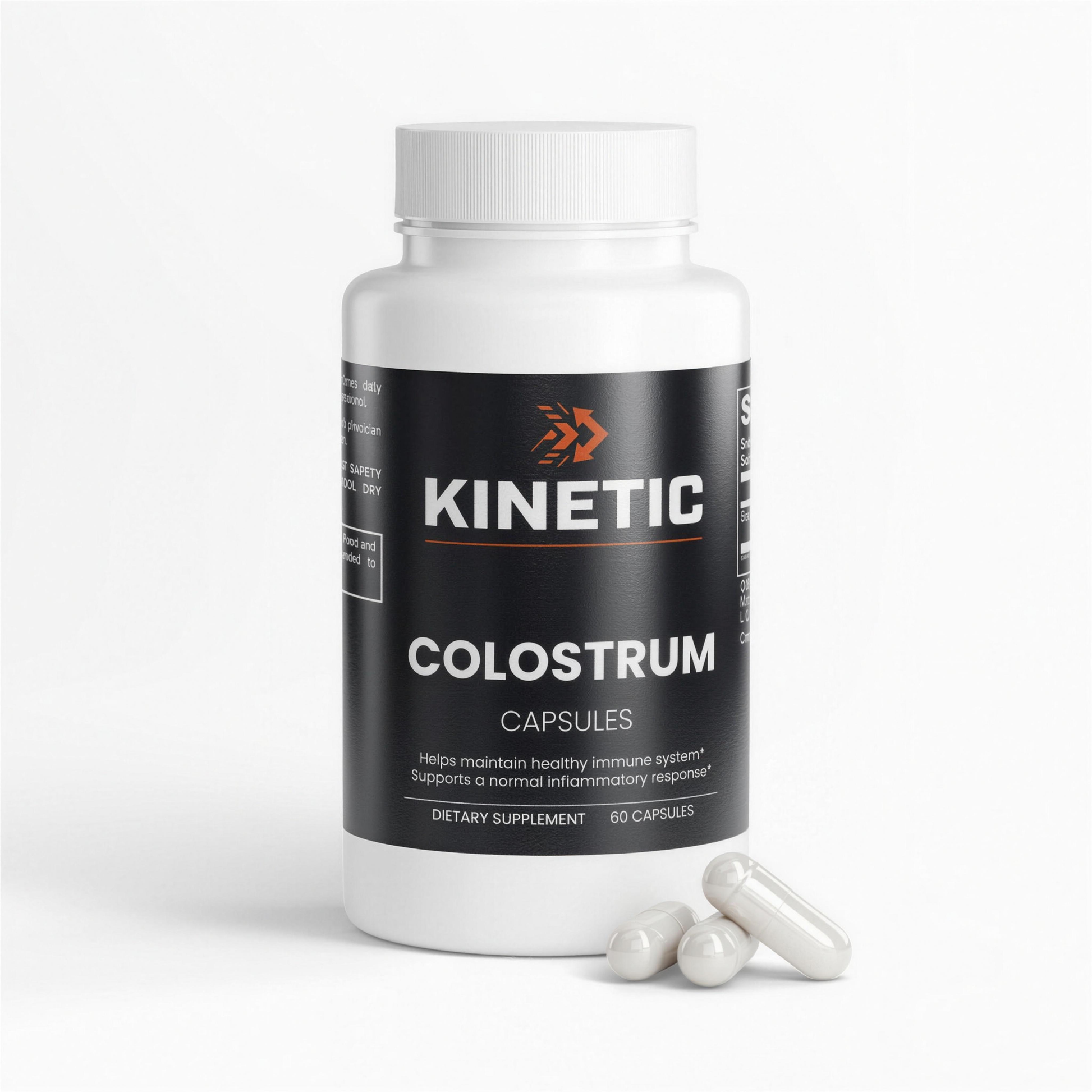 KINETIC Colostrum Capsules bottle, 60 capsules, front view - hero v1, 4K upscale