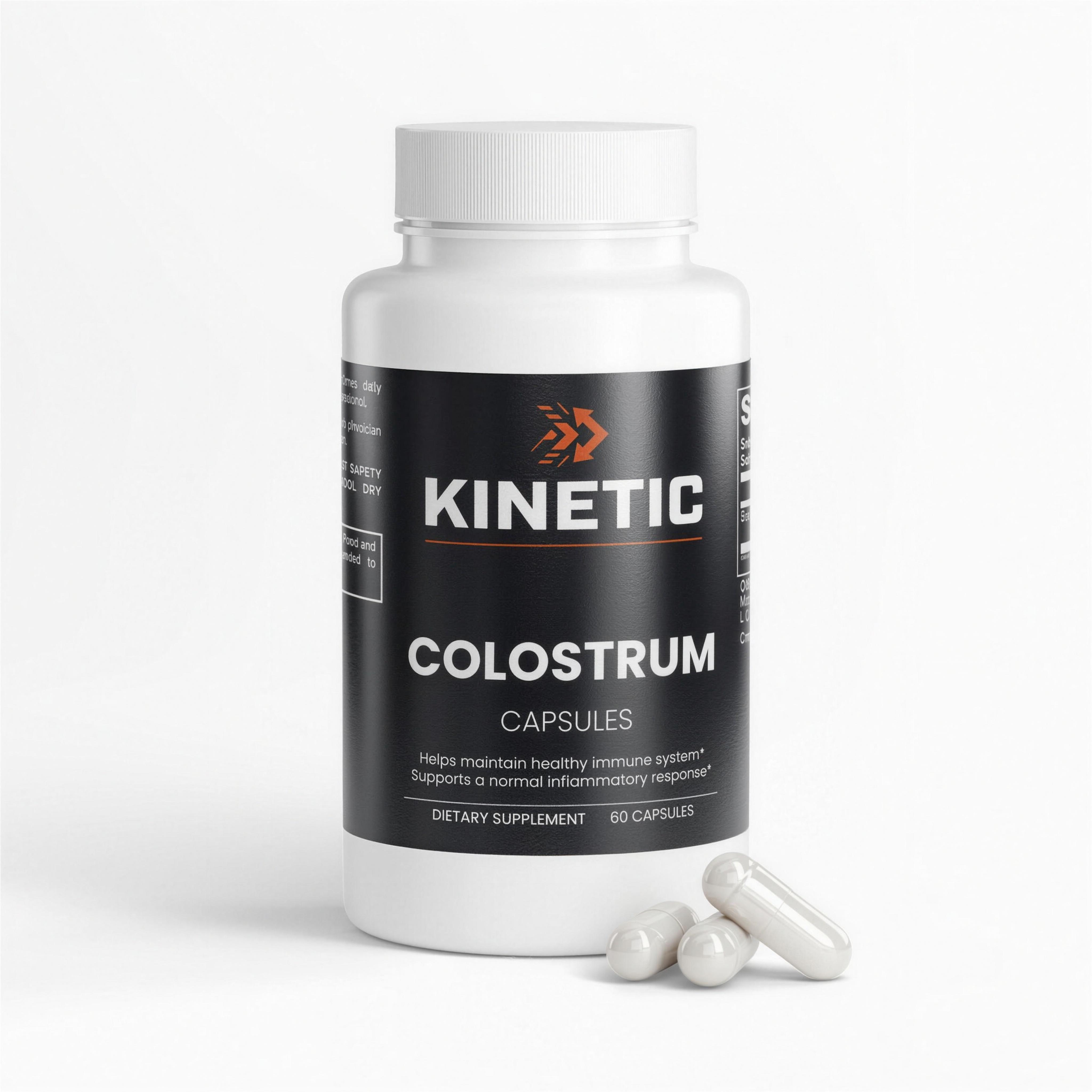 KINETIC Colostrum Capsules bottle, 60 capsules, front view - hero v1, 4K upscale